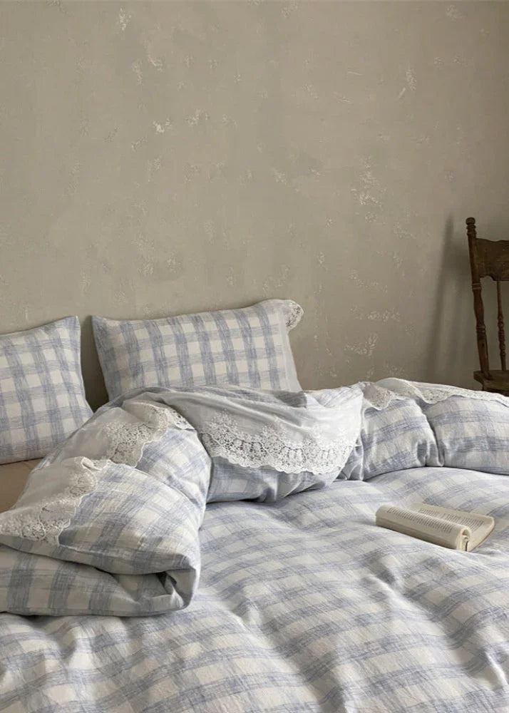 June Lace Double Gauze Gingham Bedding Set / Brown Ever Lasting