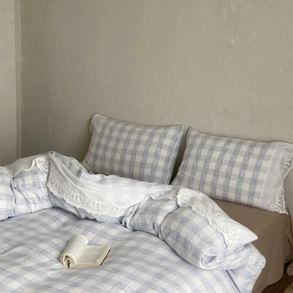 June Lace Double Gauze Gingham Bedding Set / Brown Ever Lasting