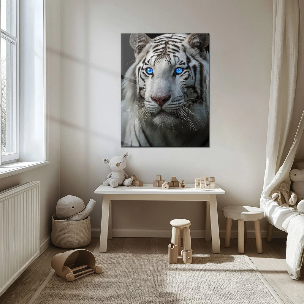 Blue-Eyed White Tiger Glass Wall Art – Fierce Wildlife Portrait with Striking Gaze-KAFCD016 Peony Atelier