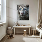 Blue-Eyed White Tiger Glass Wall Art – Fierce Wildlife Portrait with Striking Gaze-KAFCD016 Peony Atelier