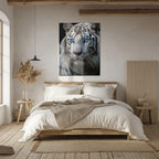 Blue-Eyed White Tiger Glass Wall Art – Fierce Wildlife Portrait with Striking Gaze-KAFCD016 Peony Atelier