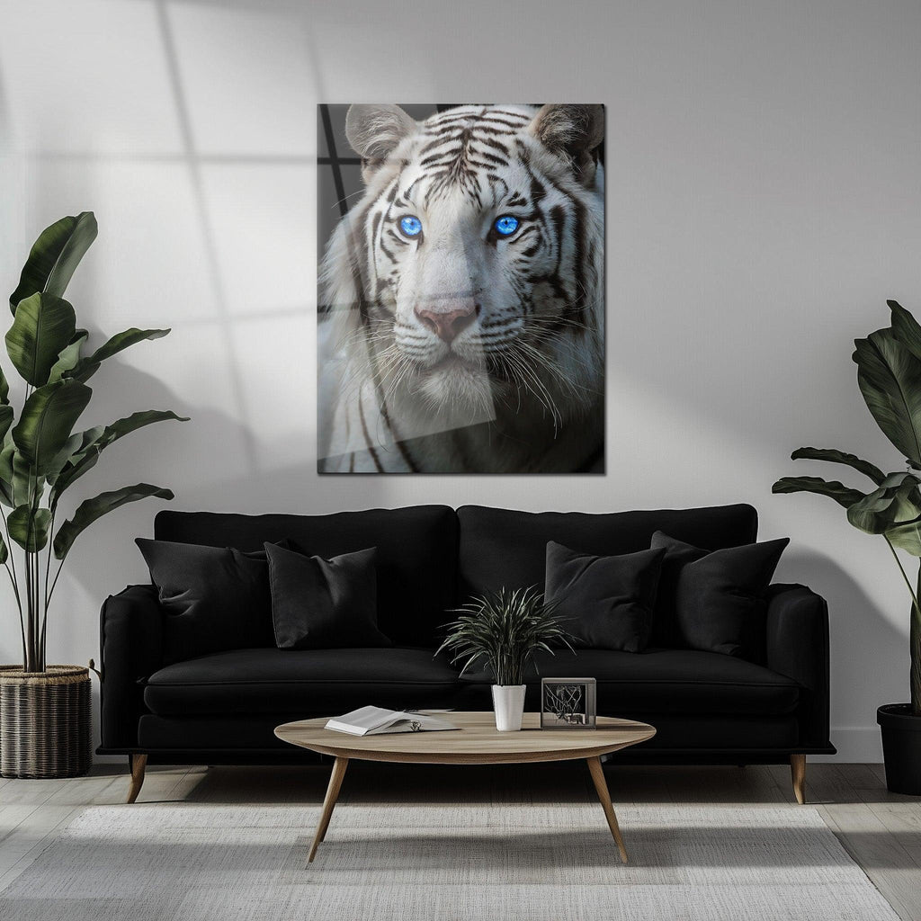 Blue-Eyed White Tiger Glass Wall Art – Fierce Wildlife Portrait with Striking Gaze-KAFCD016 Peony Atelier