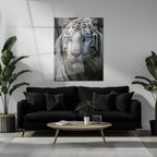 Blue-Eyed White Tiger Glass Wall Art – Fierce Wildlife Portrait with Striking Gaze-KAFCD016 Peony Atelier