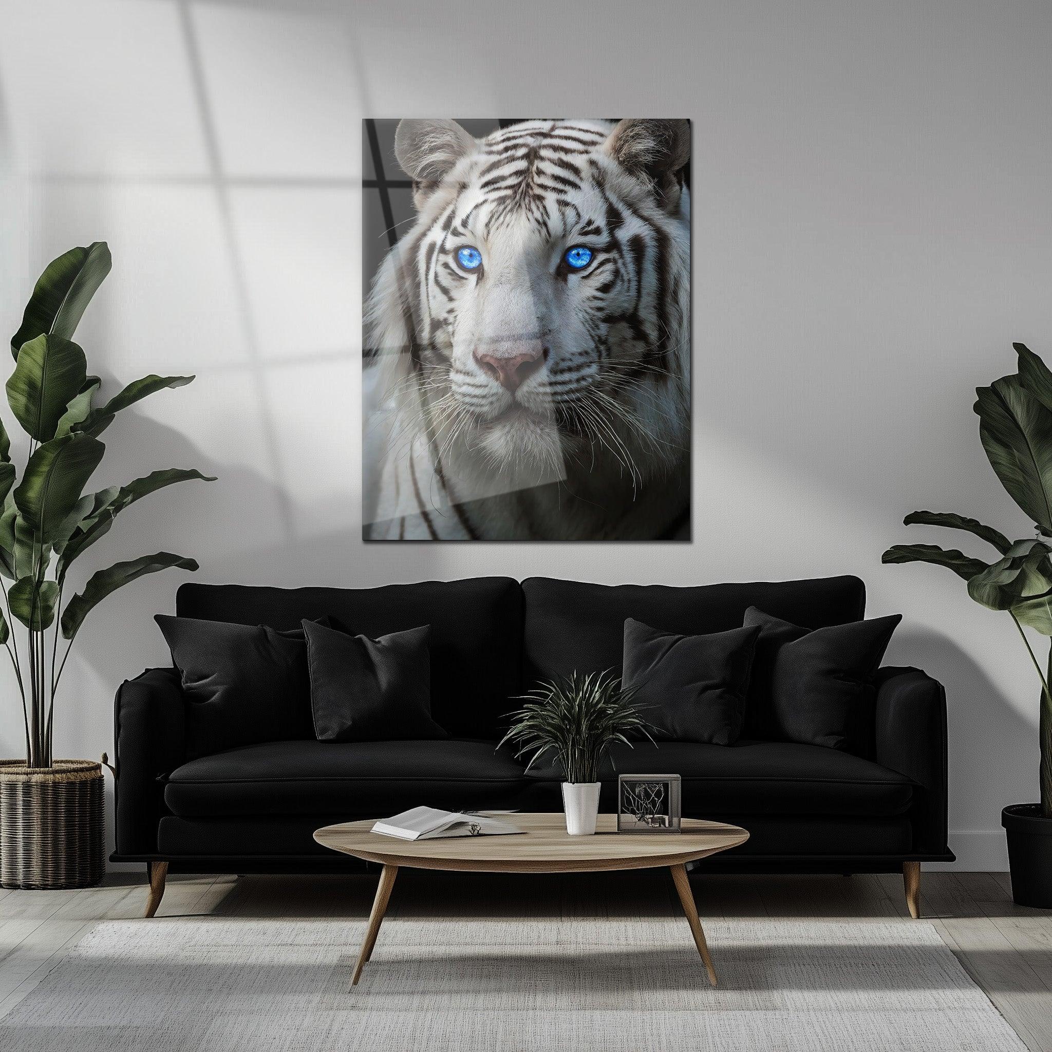 Blue-Eyed White Tiger Glass Wall Art – Fierce Wildlife Portrait with Striking Gaze-KAFCD016 Peony Atelier