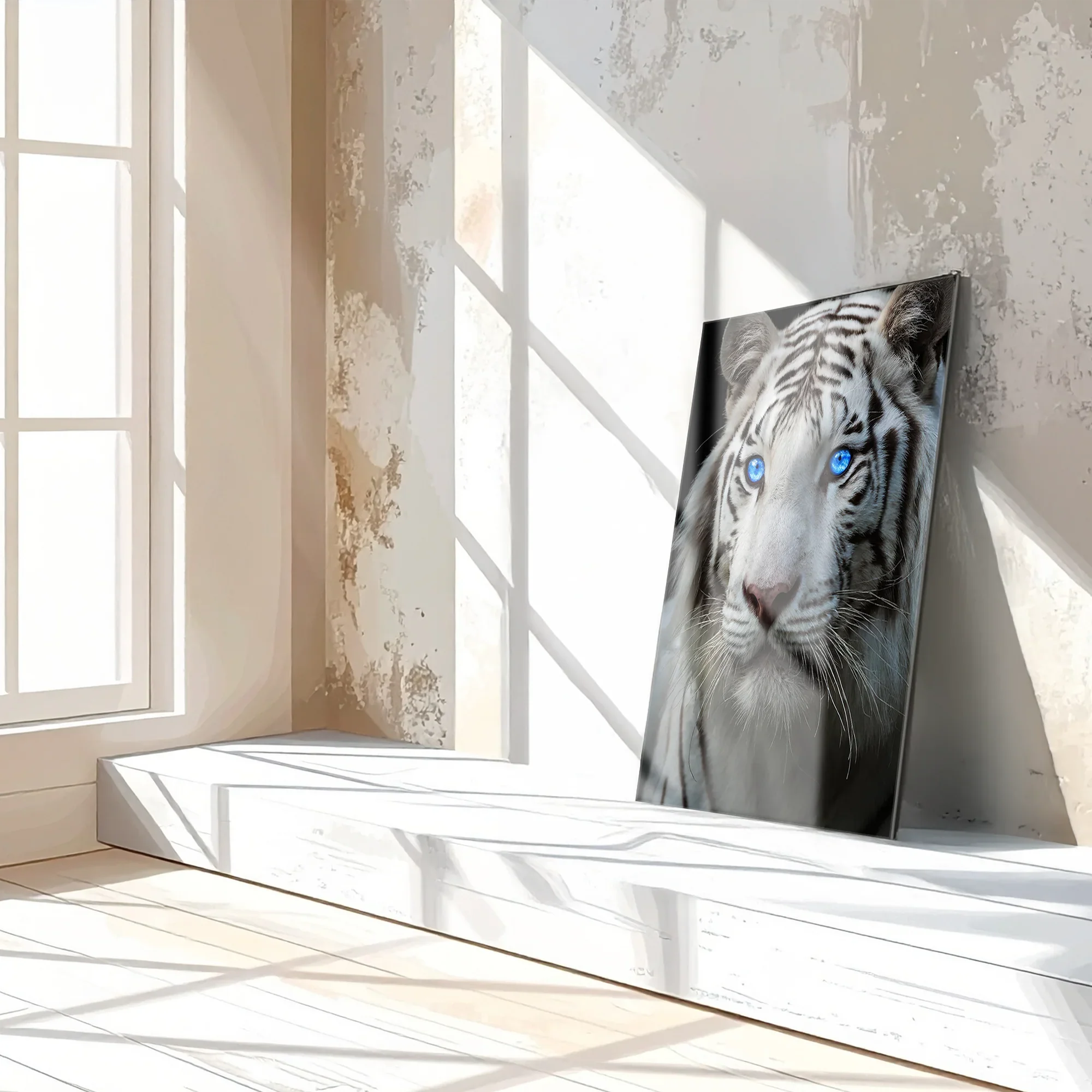Blue-Eyed White Tiger Glass Wall Art – Fierce Wildlife Portrait with Striking Gaze-KAFCD016 Peony Atelier
