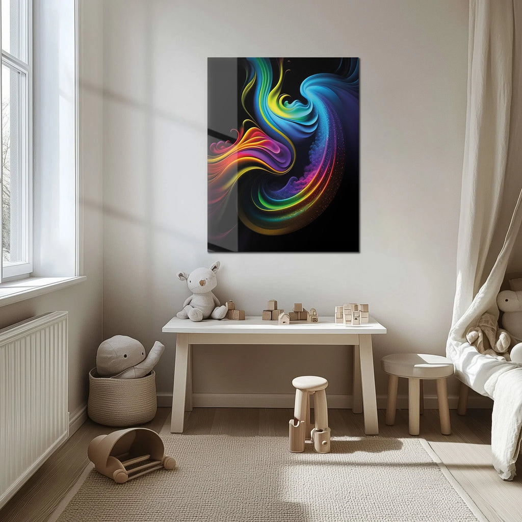 Abstract Neon Swirl Glass Wall Art – Colorful Fluid Motion on Deep Black Canvas-KAFCD019 Peony Atelier