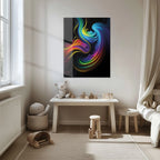 Abstract Neon Swirl Glass Wall Art – Colorful Fluid Motion on Deep Black Canvas-KAFCD019 Peony Atelier