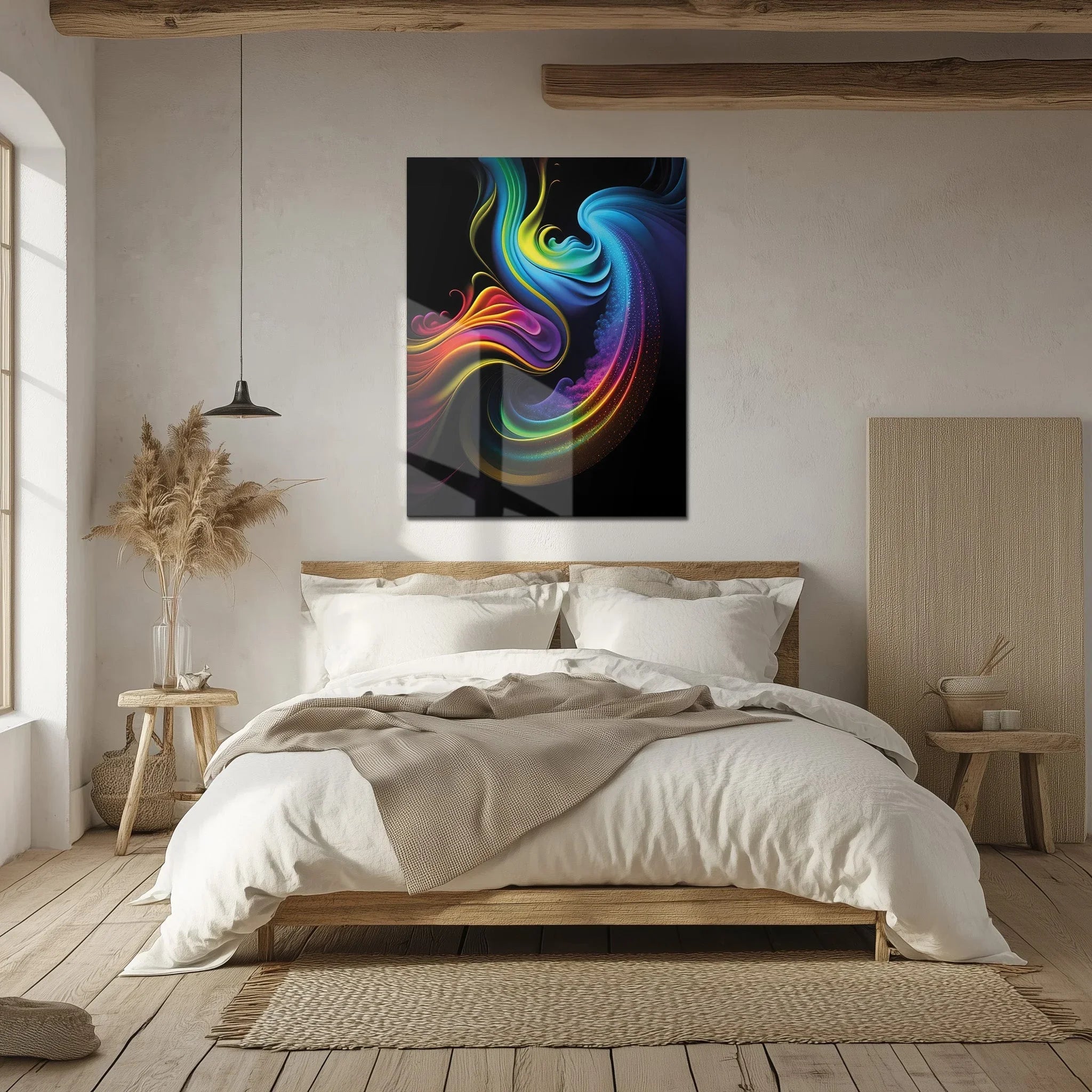Abstract Neon Swirl Glass Wall Art – Colorful Fluid Motion on Deep Black Canvas-KAFCD019 Peony Atelier