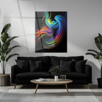 Abstract Neon Swirl Glass Wall Art – Colorful Fluid Motion on Deep Black Canvas-KAFCD019 Peony Atelier
