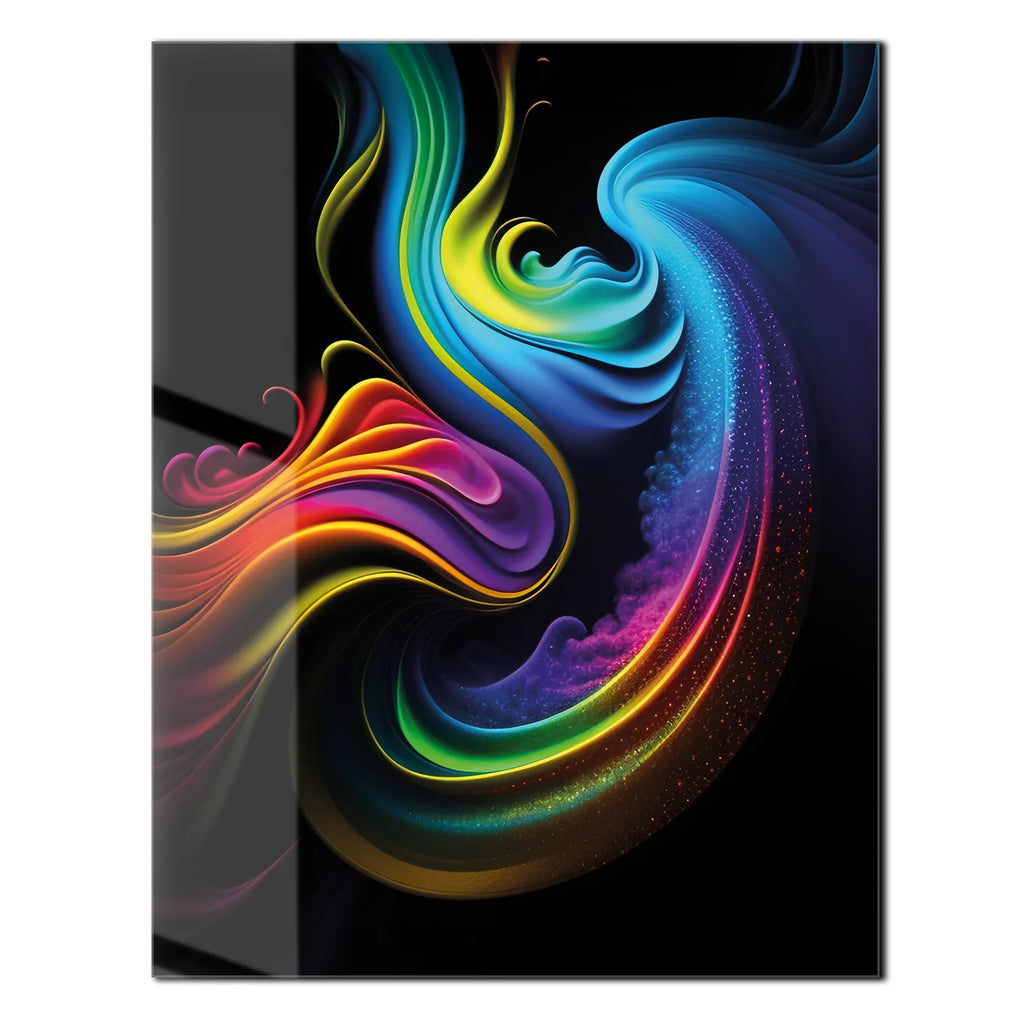Abstract Neon Swirl Glass Wall Art – Colorful Fluid Motion on Deep Black Canvas-KAFCD019 Peony Atelier
