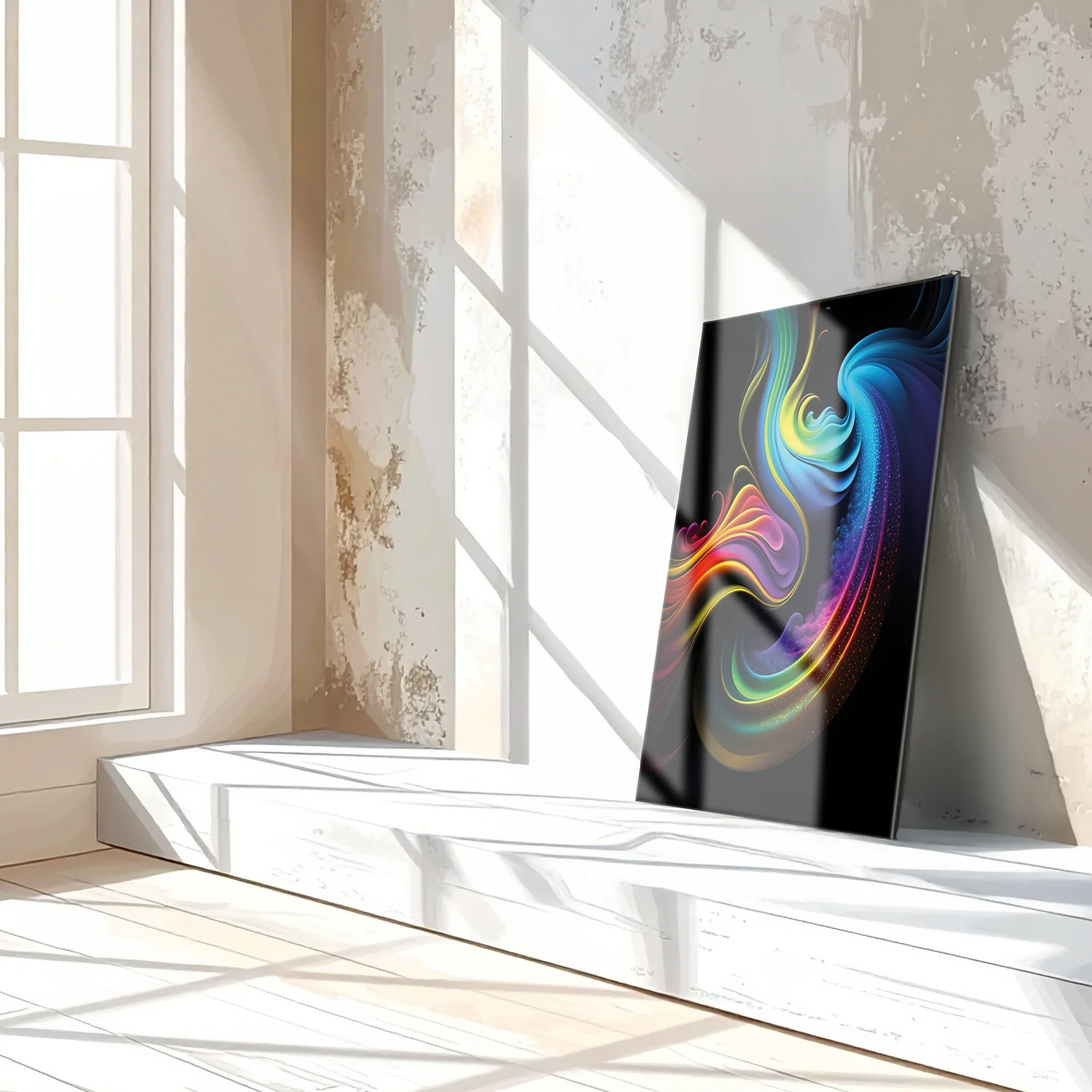 Abstract Neon Swirl Glass Wall Art – Colorful Fluid Motion on Deep Black Canvas-KAFCD019 Peony Atelier