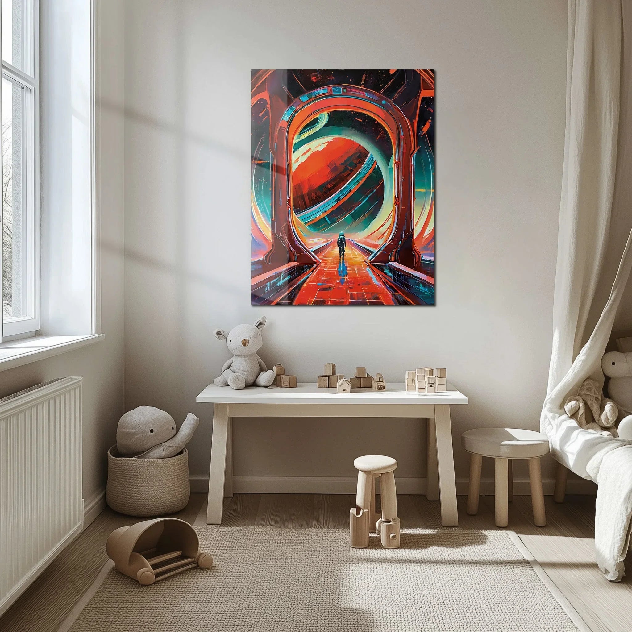 Astronaut Gateway to Saturn Glass Wall Art – Futuristic Sci-Fi UV Print Design-KAFCD023 Peony Atelier