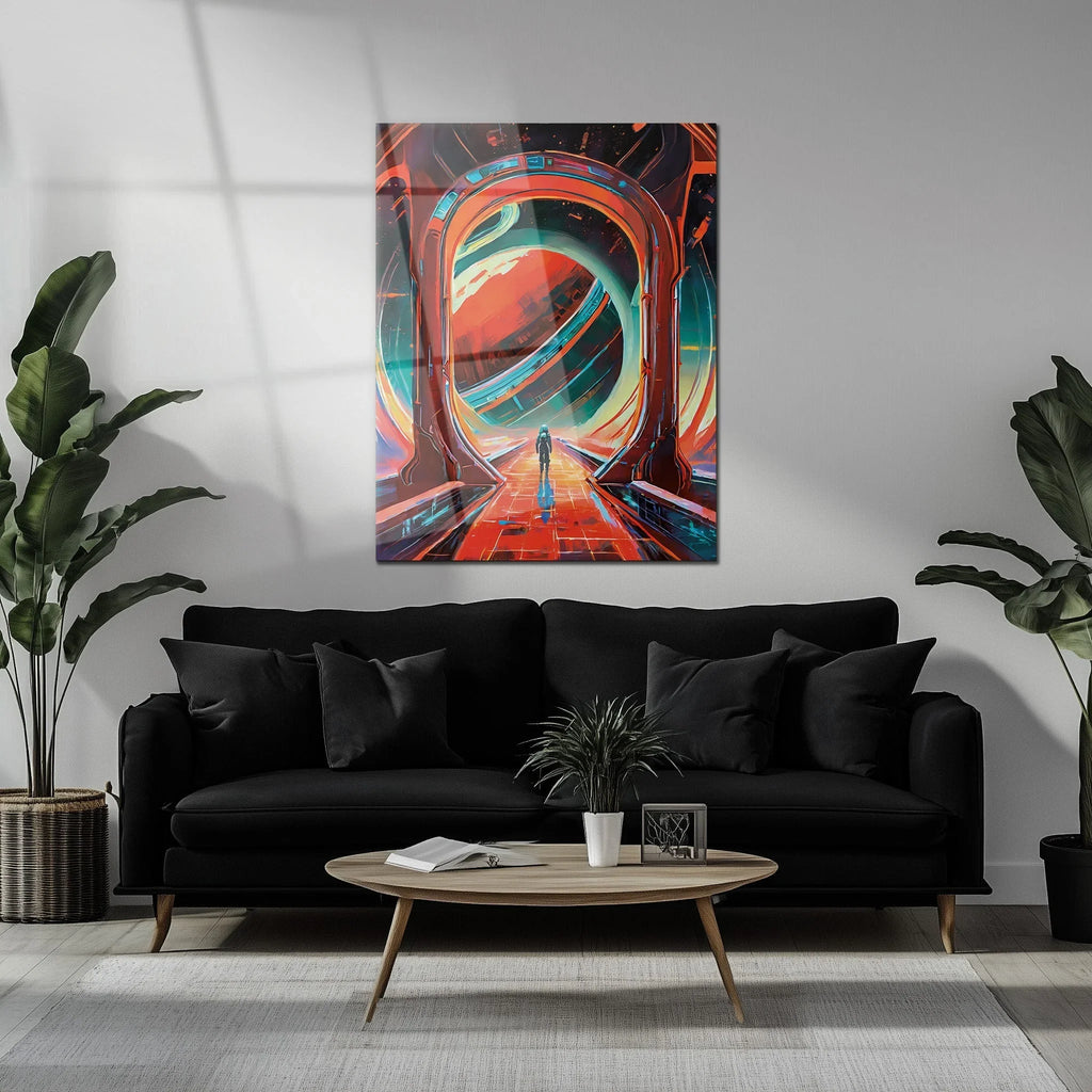 Astronaut Gateway to Saturn Glass Wall Art – Futuristic Sci-Fi UV Print Design-KAFCD023 Peony Atelier