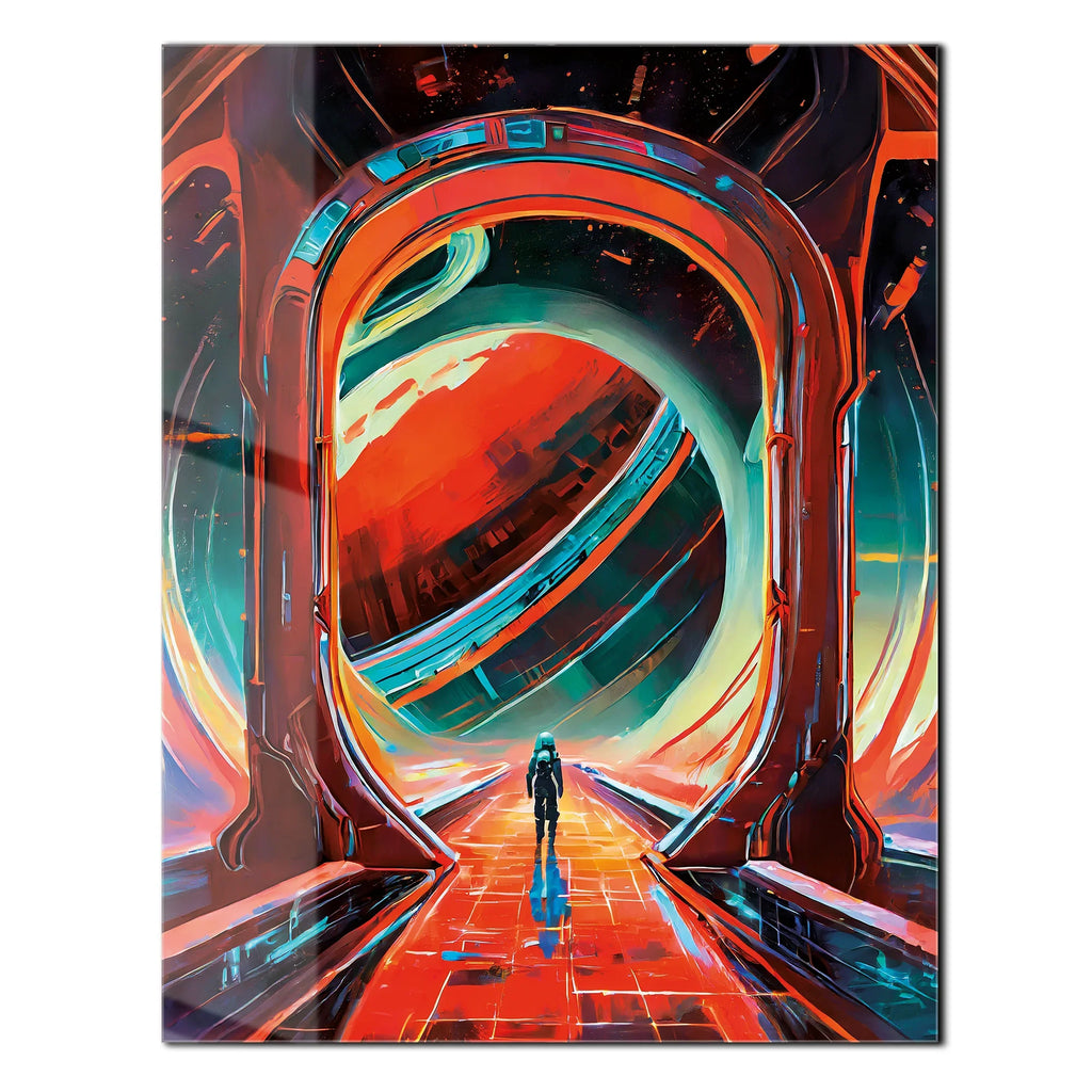 Astronaut Gateway to Saturn Glass Wall Art – Futuristic Sci-Fi UV Print Design-KAFCD023 Peony Atelier