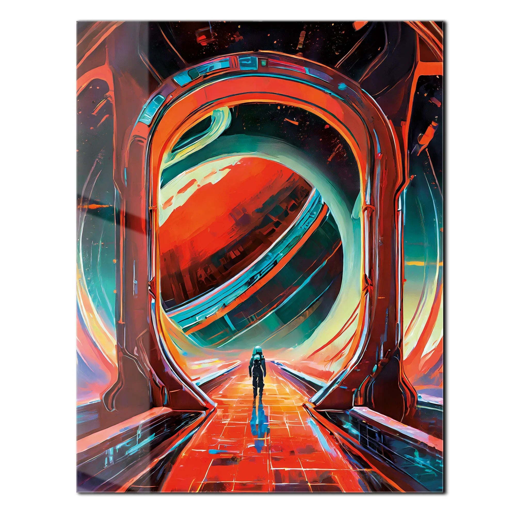Astronaut Gateway to Saturn Glass Wall Art – Futuristic Sci-Fi UV Print Design-KAFCD023 Peony Atelier