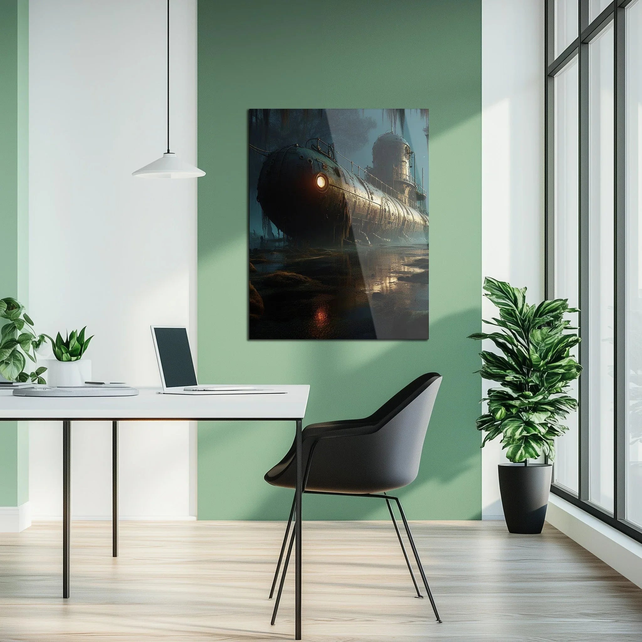 Abandoned Submarine in Swamp Glass Wall Art – Moody Nautical UV Print Design-KAFCD030 Peony Atelier
