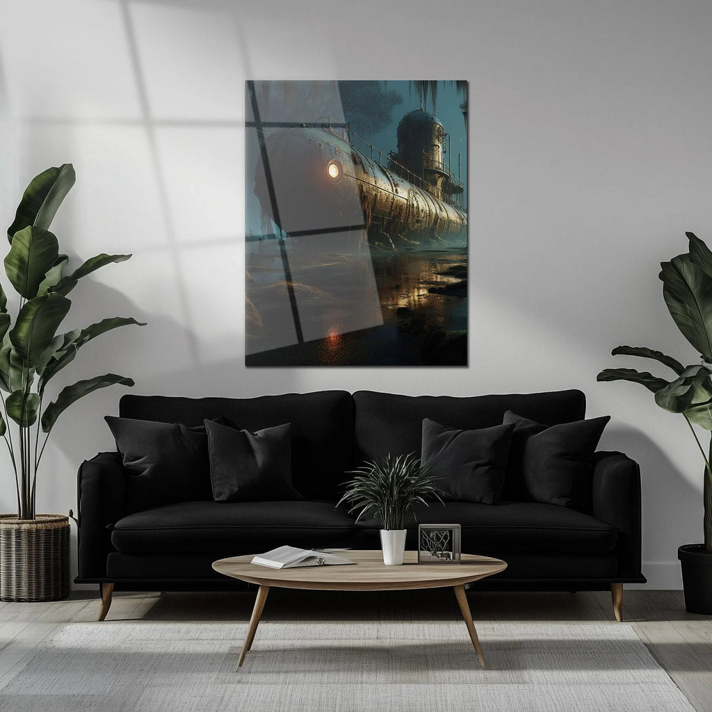 Abandoned Submarine in Swamp Glass Wall Art – Moody Nautical UV Print Design-KAFCD030 Peony Atelier
