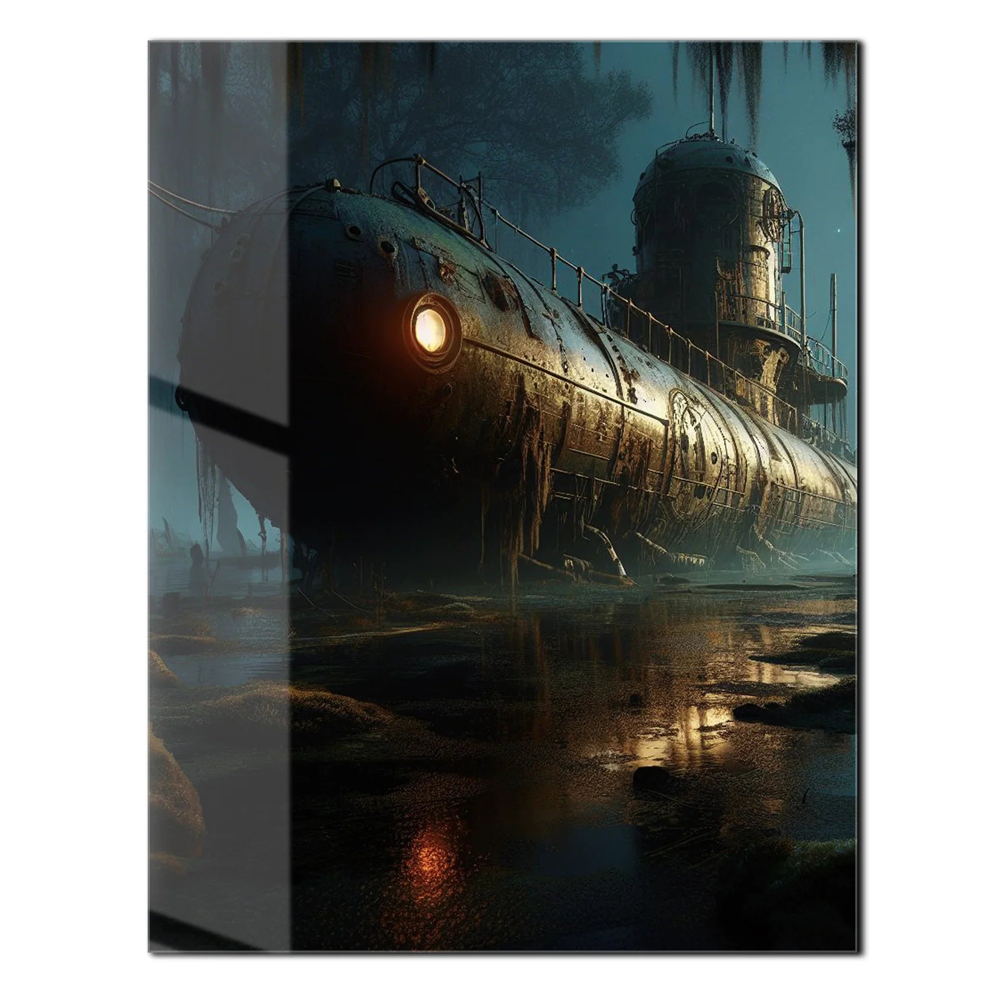 Abandoned Submarine in Swamp Glass Wall Art – Moody Nautical UV Print Design-KAFCD030 Peony Atelier