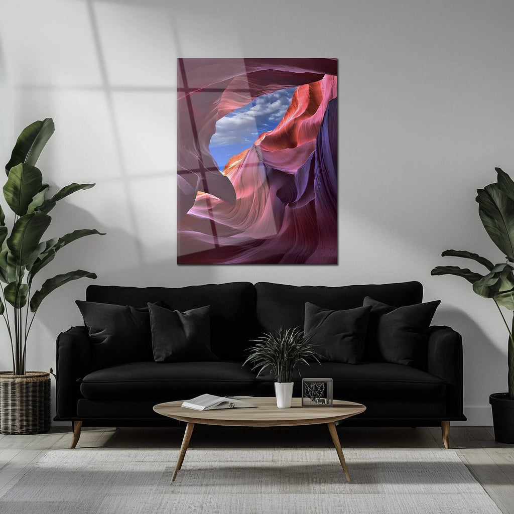 Antelope Canyon View Glass Wall Art – Vivid Desert Rock Formation UV Print-KAFCD033 Peony Atelier