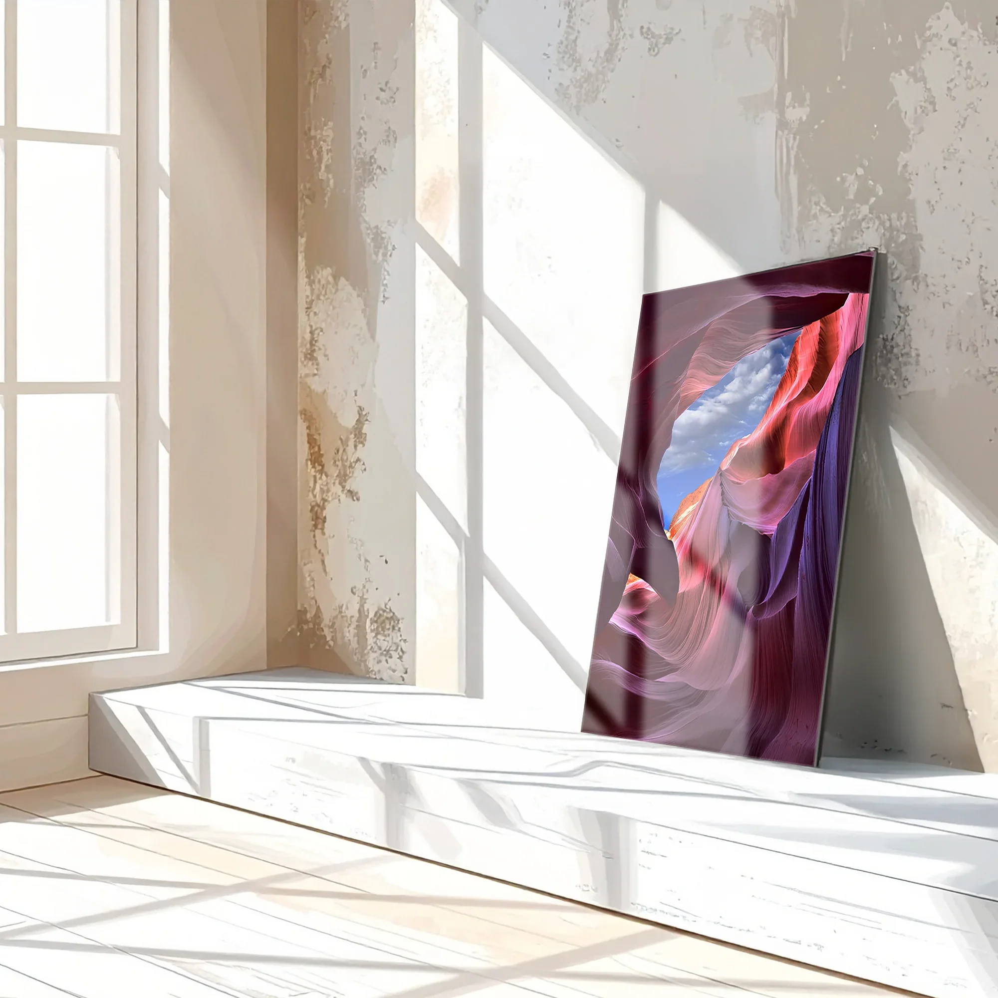 Antelope Canyon View Glass Wall Art – Vivid Desert Rock Formation UV Print-KAFCD033 Peony Atelier