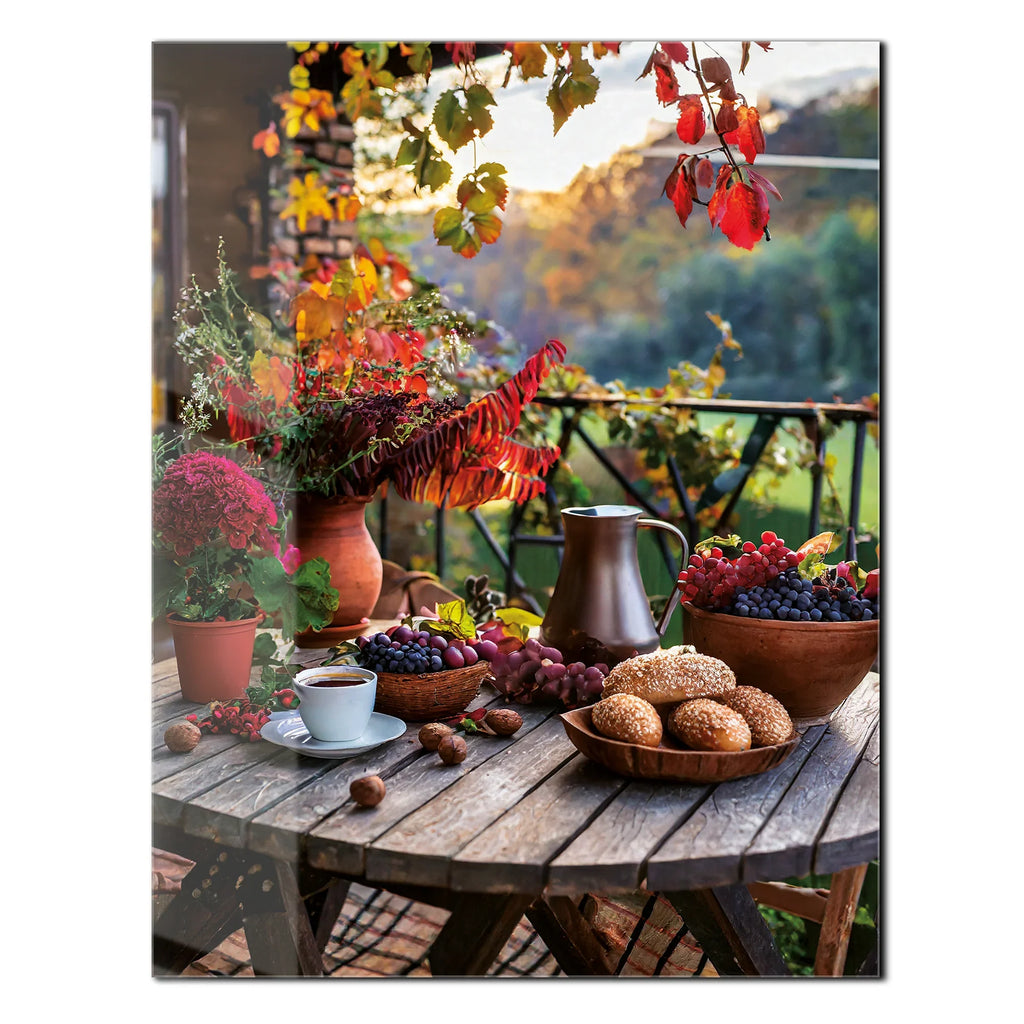 Autumn Breakfast Table Glass Wall Art – Rustic Harvest Outdoor UV Print-KAFCD045 Peony Atelier