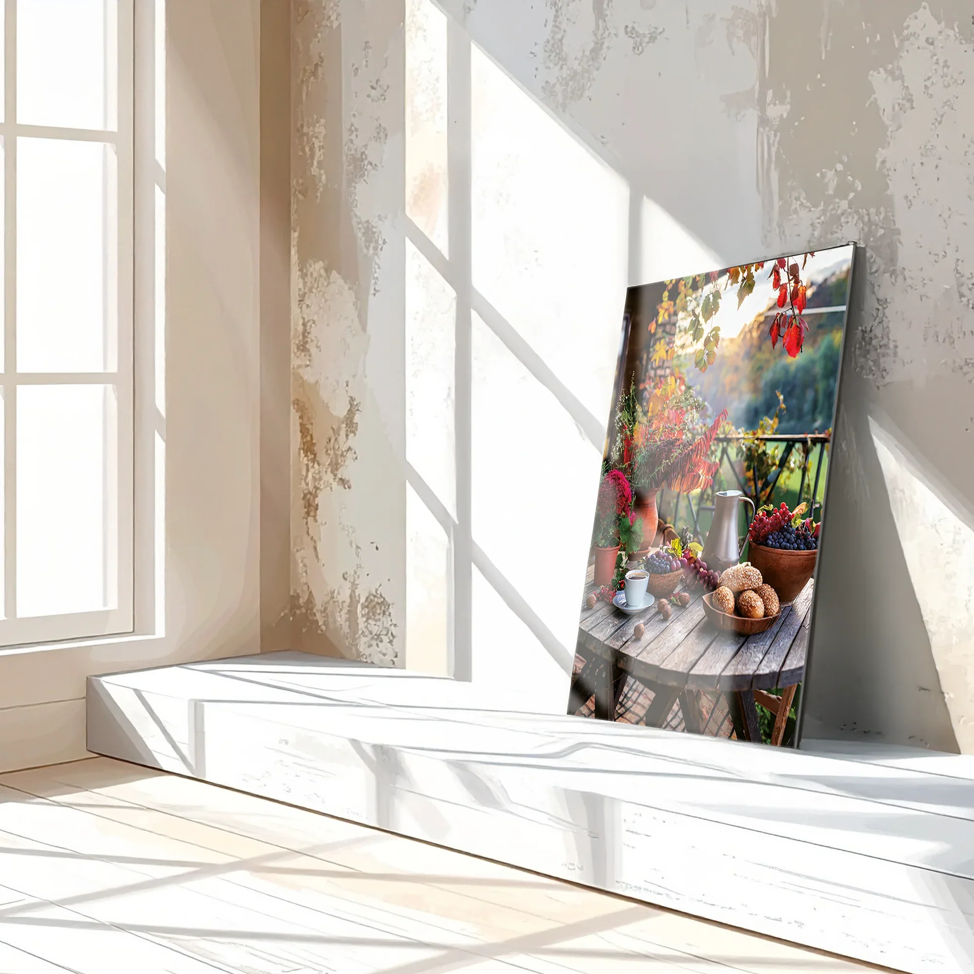 Autumn Breakfast Table Glass Wall Art – Rustic Harvest Outdoor UV Print-KAFCD045 Peony Atelier