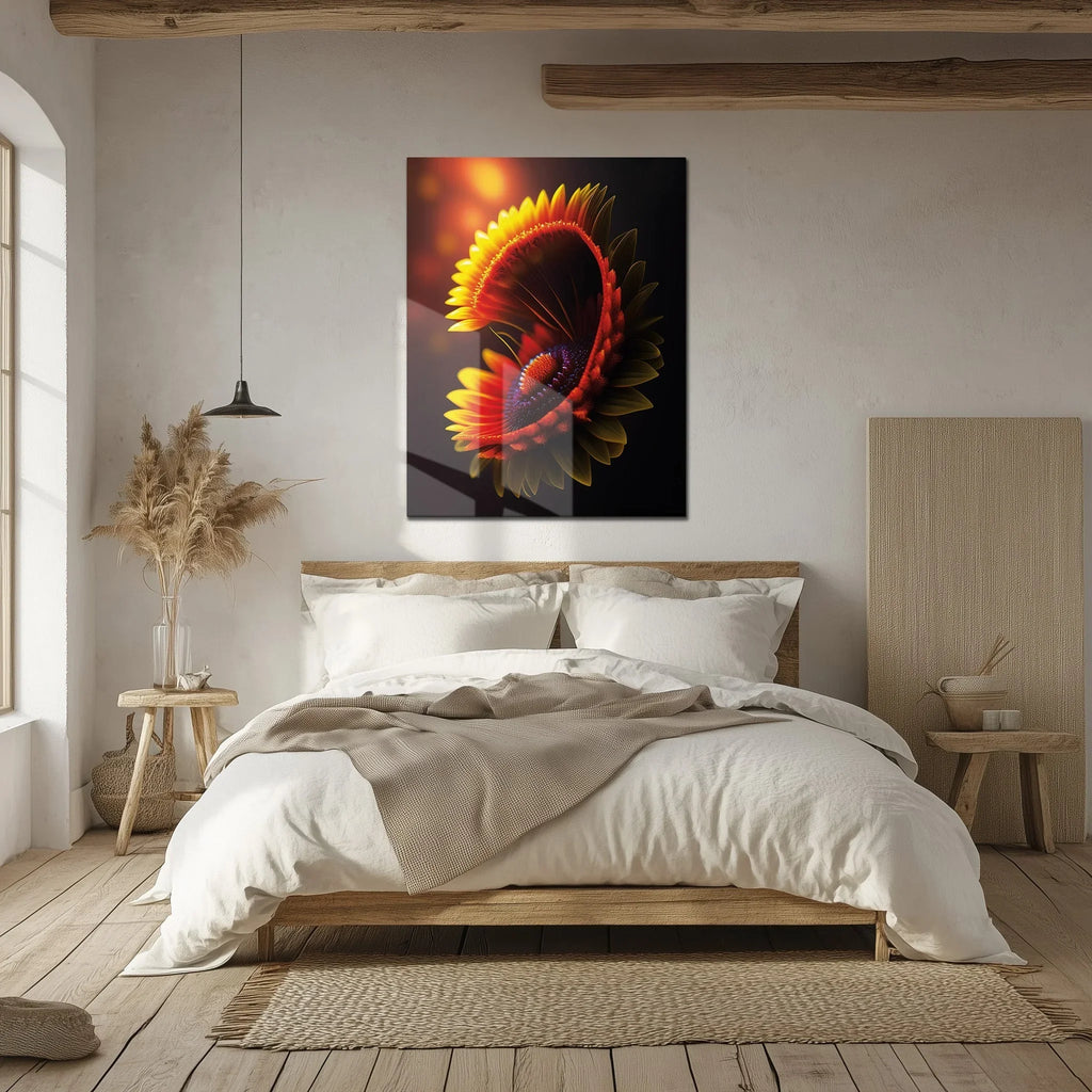 Abstract Fire Petal Bloom Glass Wall Art – Glowing Floral UV Print Design-KAFCD050 Peony Atelier