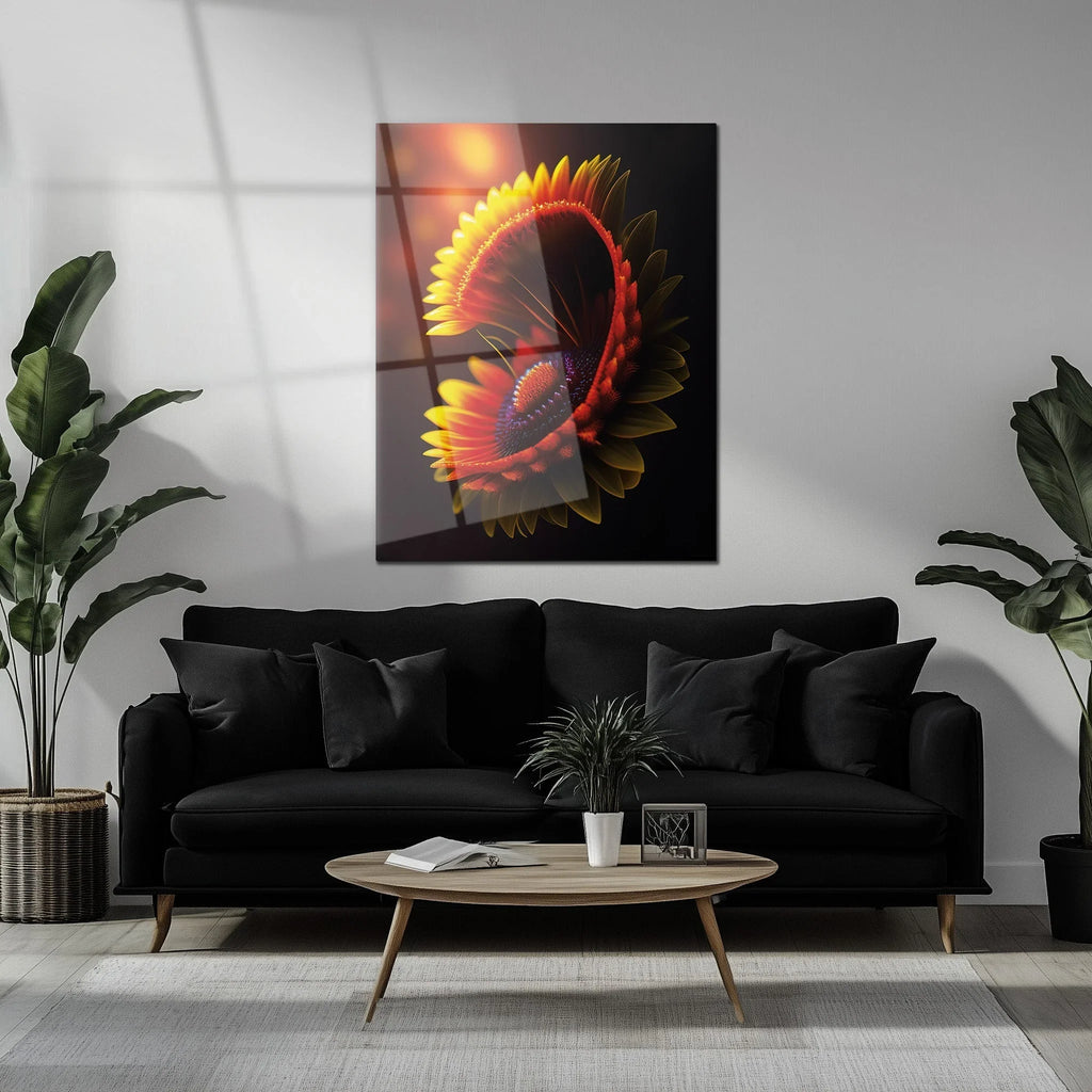 Abstract Fire Petal Bloom Glass Wall Art – Glowing Floral UV Print Design-KAFCD050 Peony Atelier