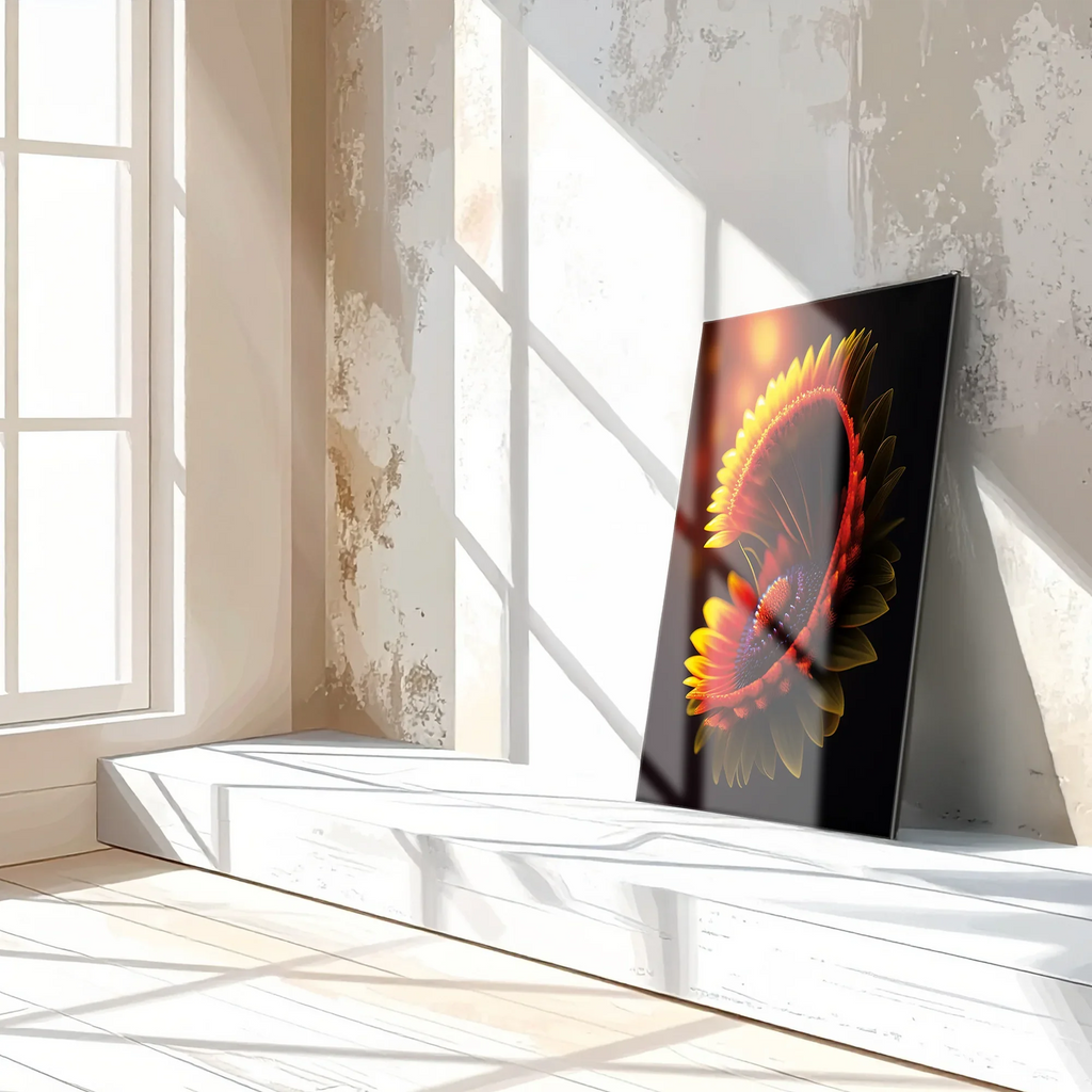 Abstract Fire Petal Bloom Glass Wall Art – Glowing Floral UV Print Design-KAFCD050 Peony Atelier