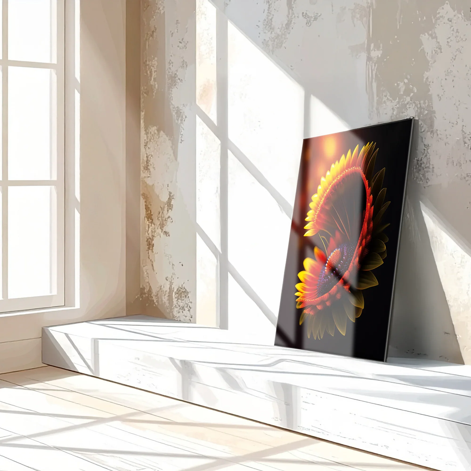 Abstract Fire Petal Bloom Glass Wall Art – Glowing Floral UV Print Design-KAFCD050 Peony Atelier