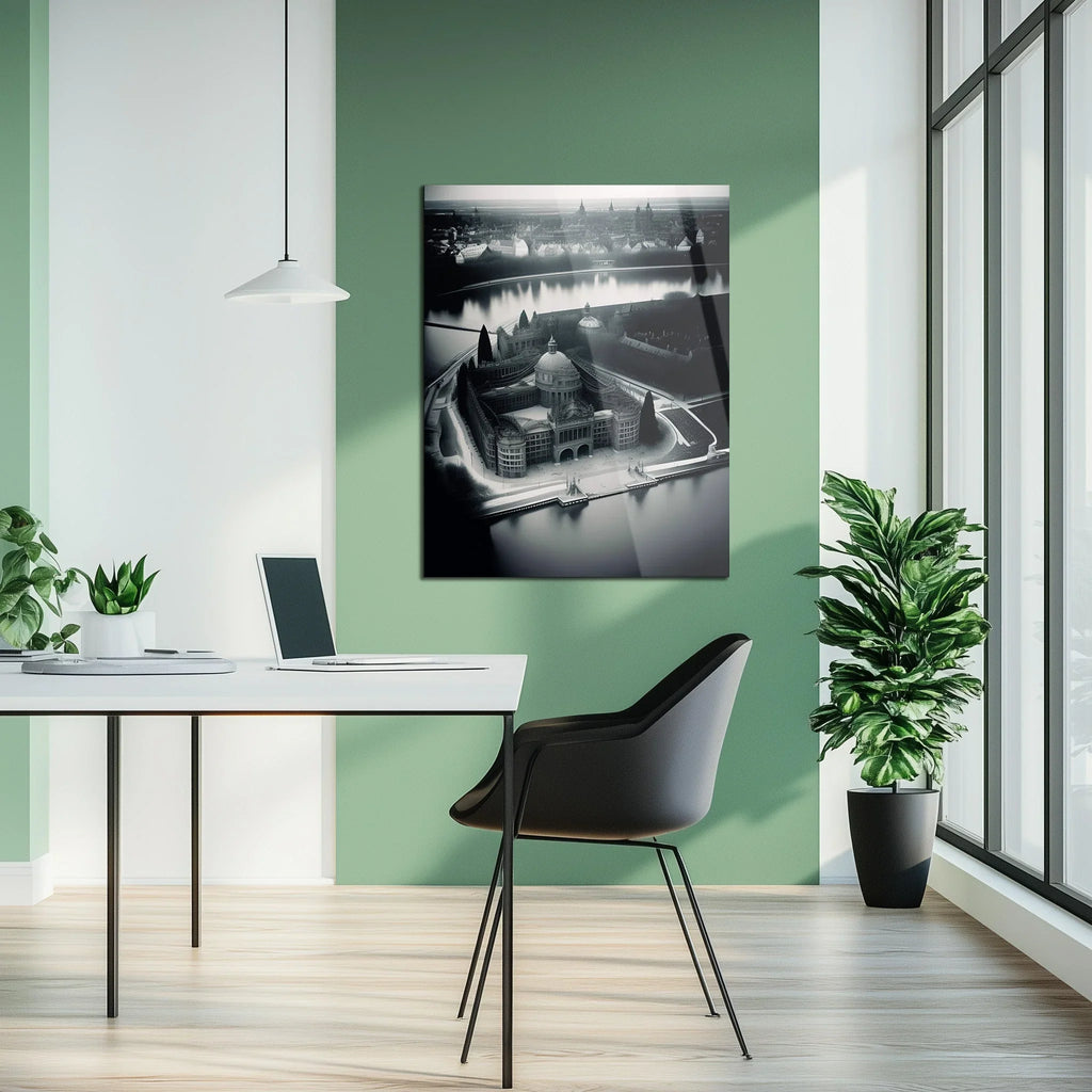 Black and White Palace Cityscape Glass Wall Art – Architectural UV Print Design-KAFCD054 Peony Atelier