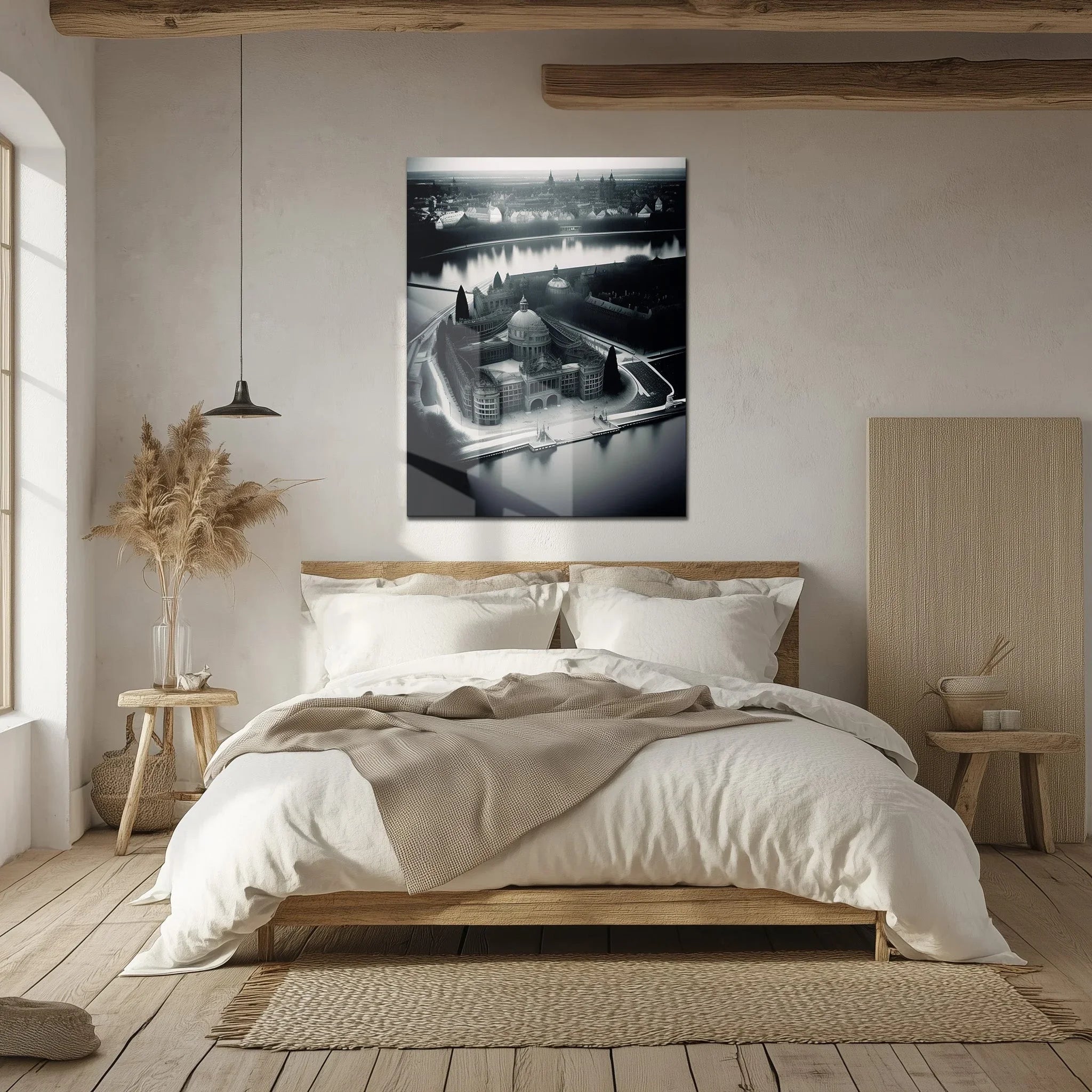 Black and White Palace Cityscape Glass Wall Art – Architectural UV Print Design-KAFCD054 Peony Atelier