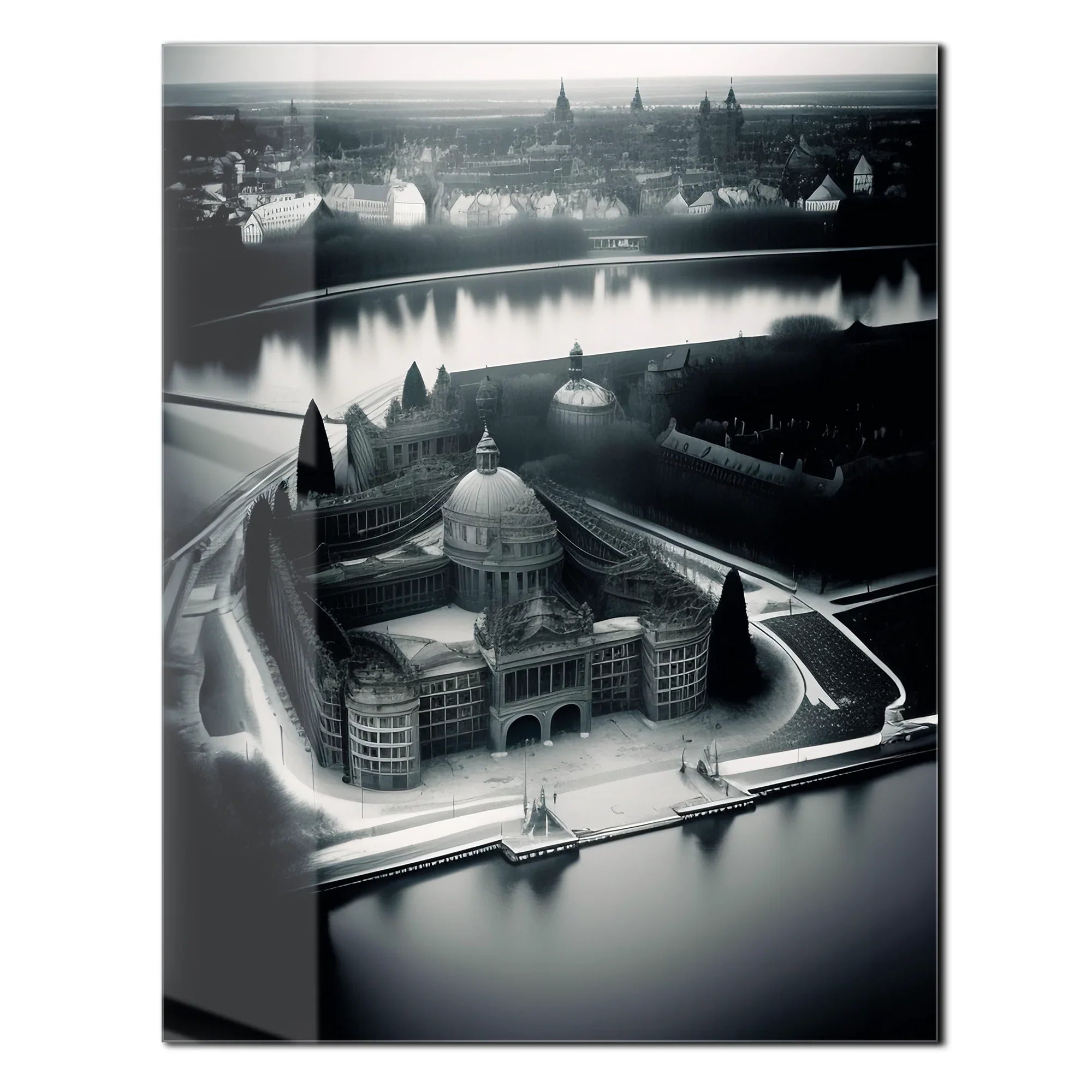 Black and White Palace Cityscape Glass Wall Art – Architectural UV Print Design-KAFCD054 Peony Atelier