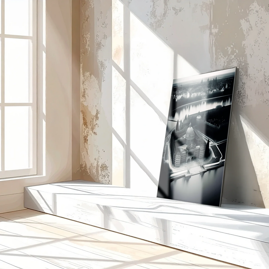 Black and White Palace Cityscape Glass Wall Art – Architectural UV Print Design-KAFCD054 Peony Atelier