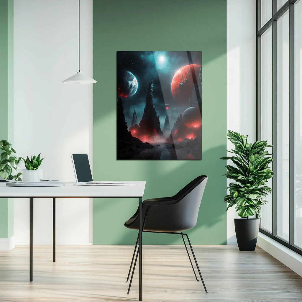 Alien Planet Landscape Glass Wall Art – Sci-Fi Cosmic UV Print Design-KAFCD055 Peony Atelier