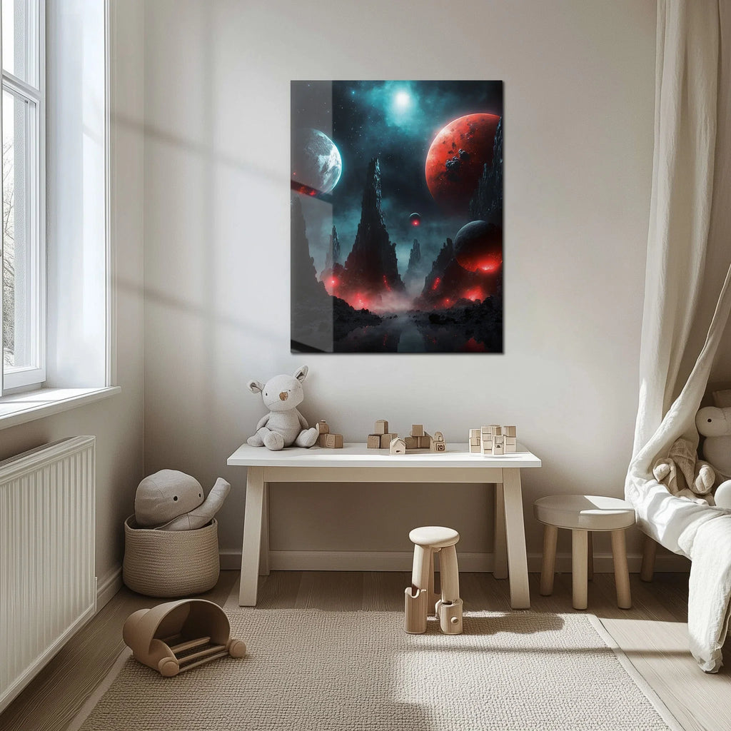 Alien Planet Landscape Glass Wall Art – Sci-Fi Cosmic UV Print Design-KAFCD055 Peony Atelier