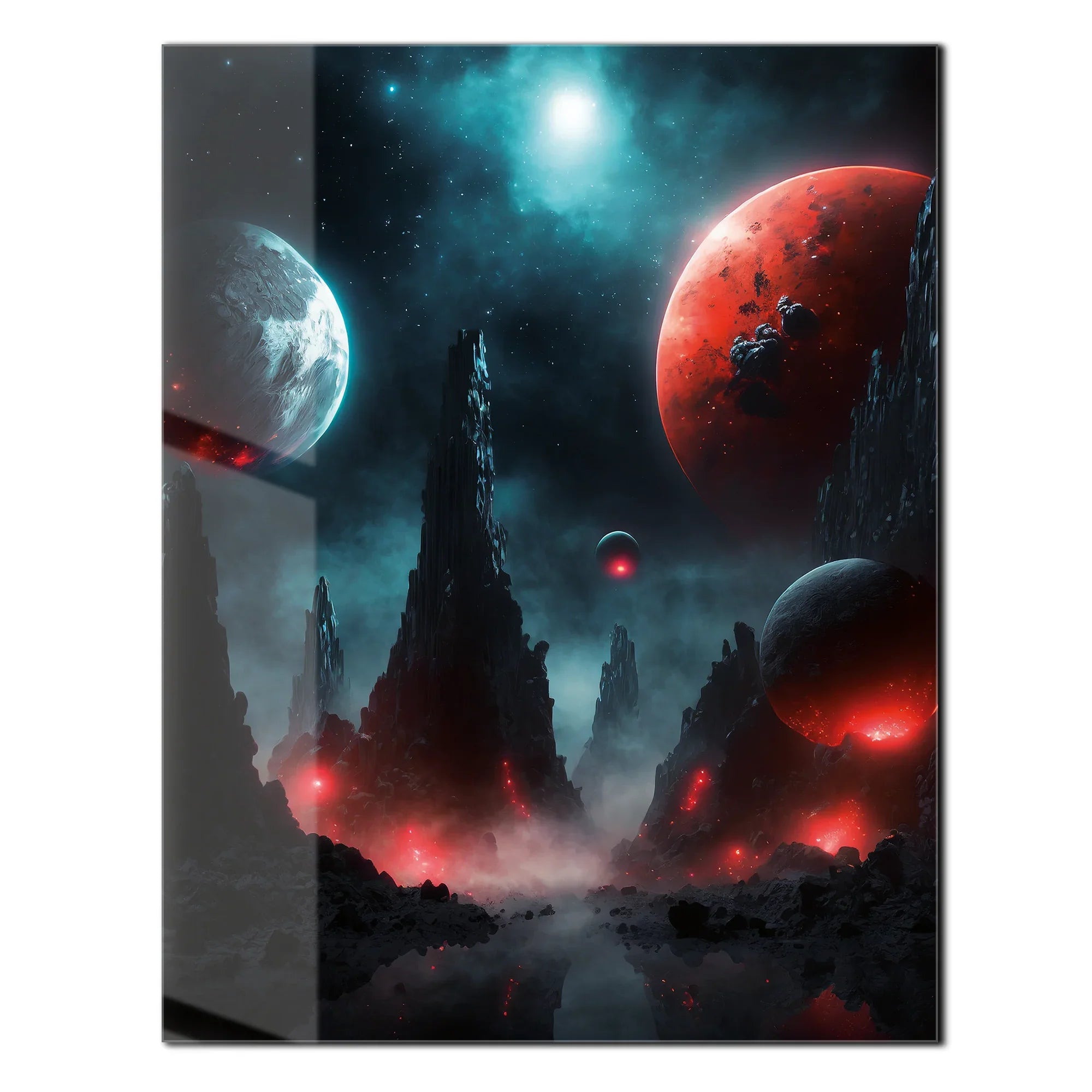 Alien Planet Landscape Glass Wall Art – Sci-Fi Cosmic UV Print Design-KAFCD055 Peony Atelier