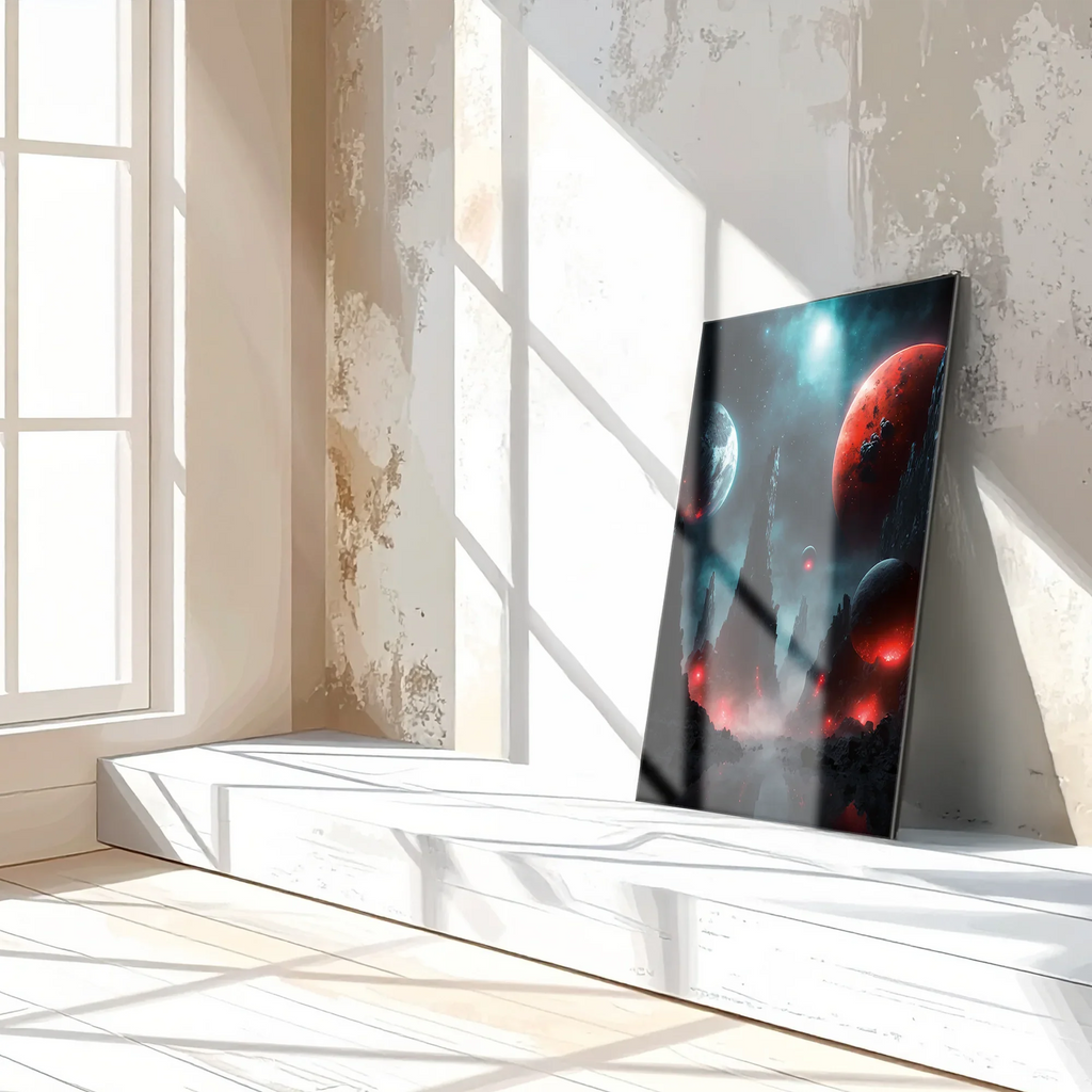 Alien Planet Landscape Glass Wall Art – Sci-Fi Cosmic UV Print Design-KAFCD055 Peony Atelier