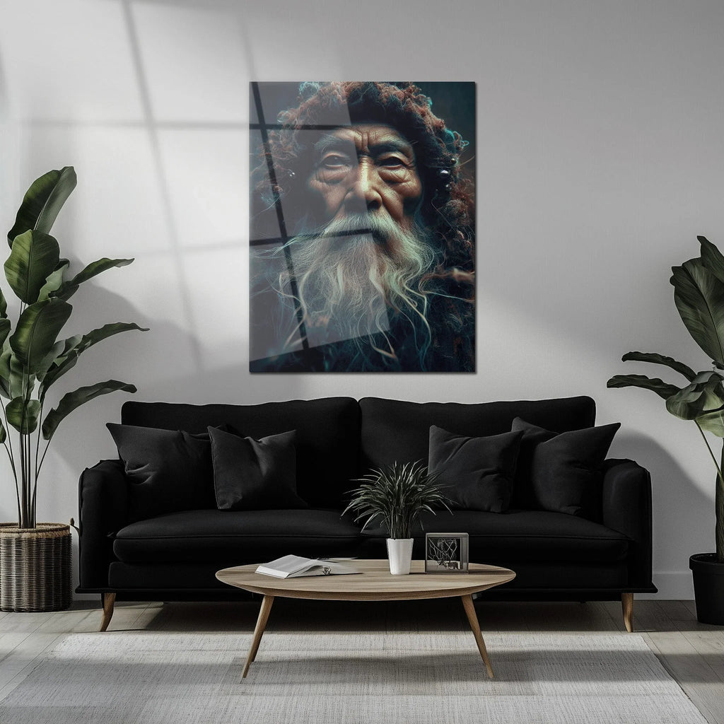 Ancient Wisdom Portrait UV Glass Wall Art – Mystical Elder with Deep Gaze-KAFCD072 Peony Atelier
