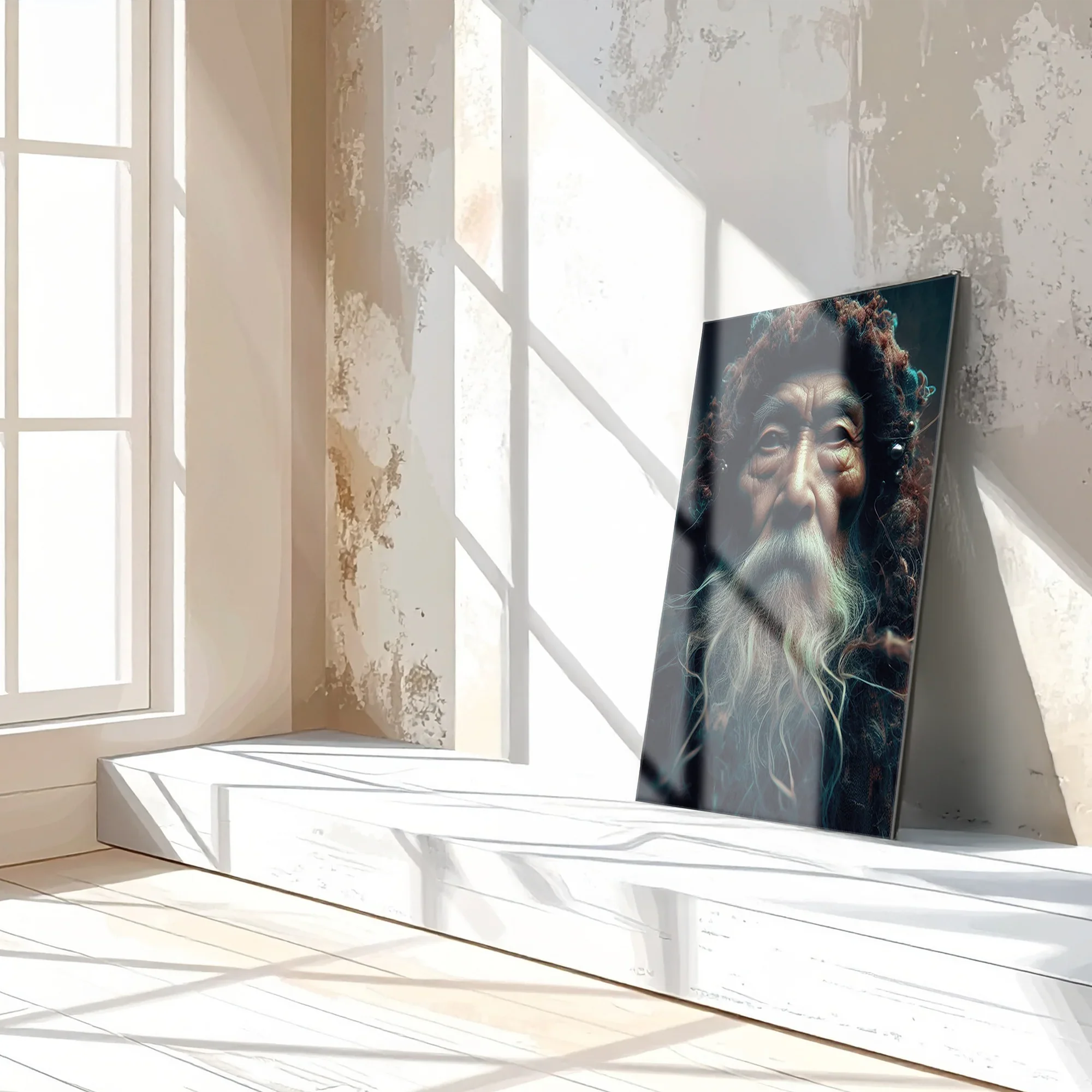 Ancient Wisdom Portrait UV Glass Wall Art – Mystical Elder with Deep Gaze-KAFCD072 Peony Atelier