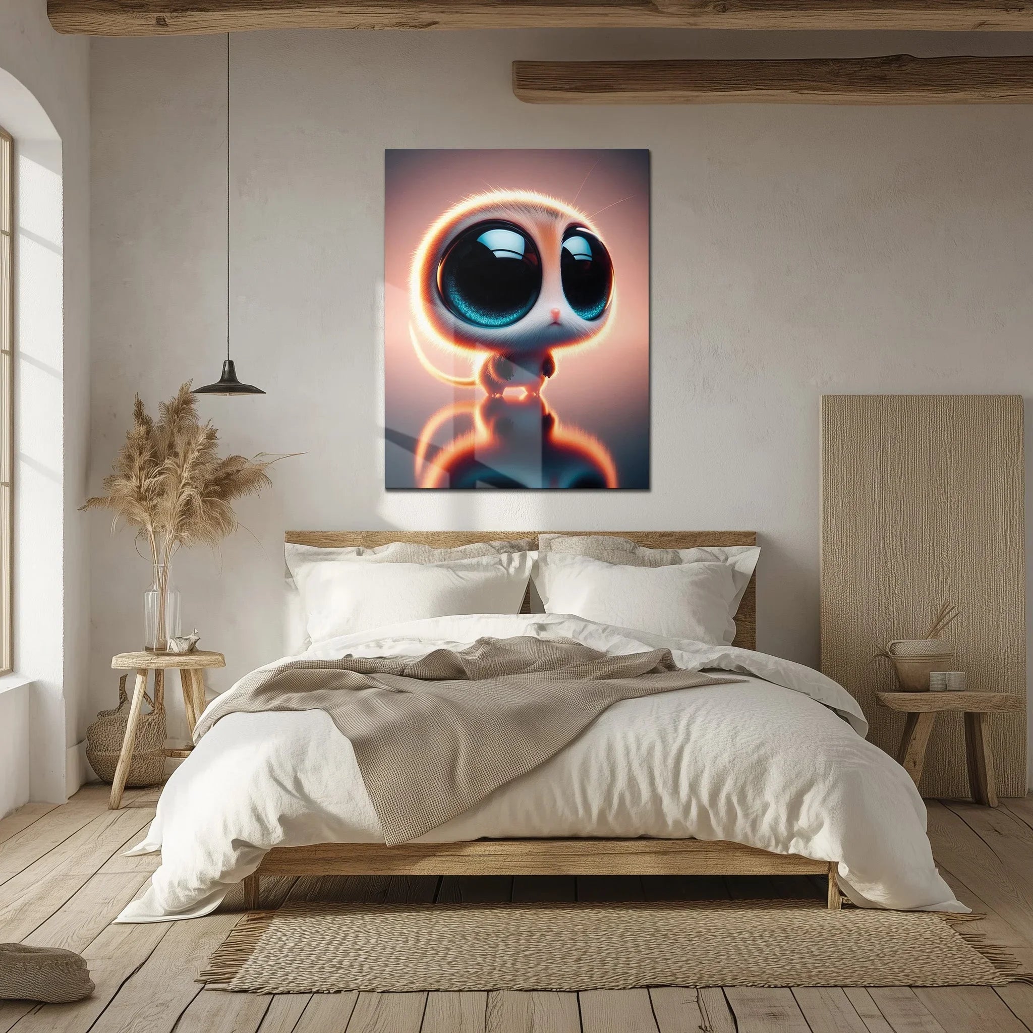 Big-Eyed Fantasy Kitten UV Glass Wall Art – Cute Neon Pet Illustration - KAFCD094 Peony Atelier