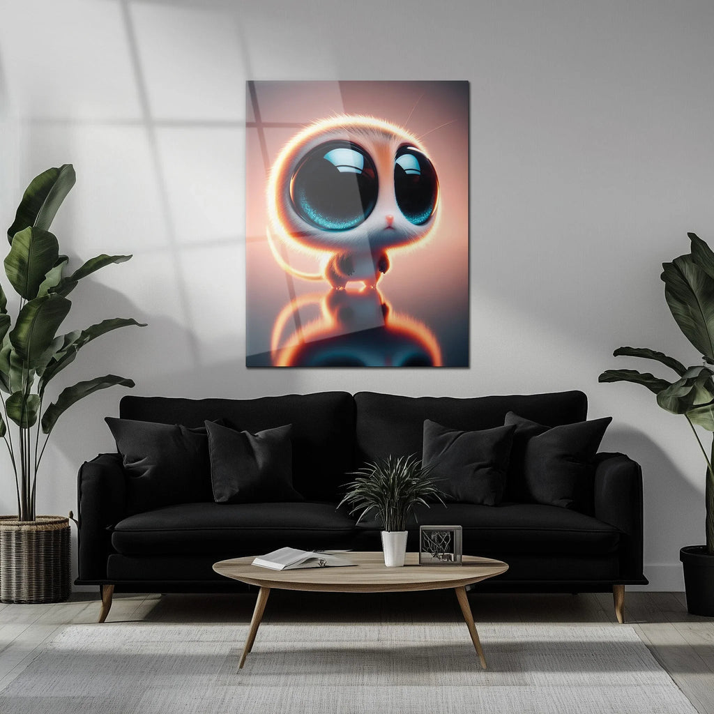Big-Eyed Fantasy Kitten UV Glass Wall Art – Cute Neon Pet Illustration - KAFCD094 Peony Atelier