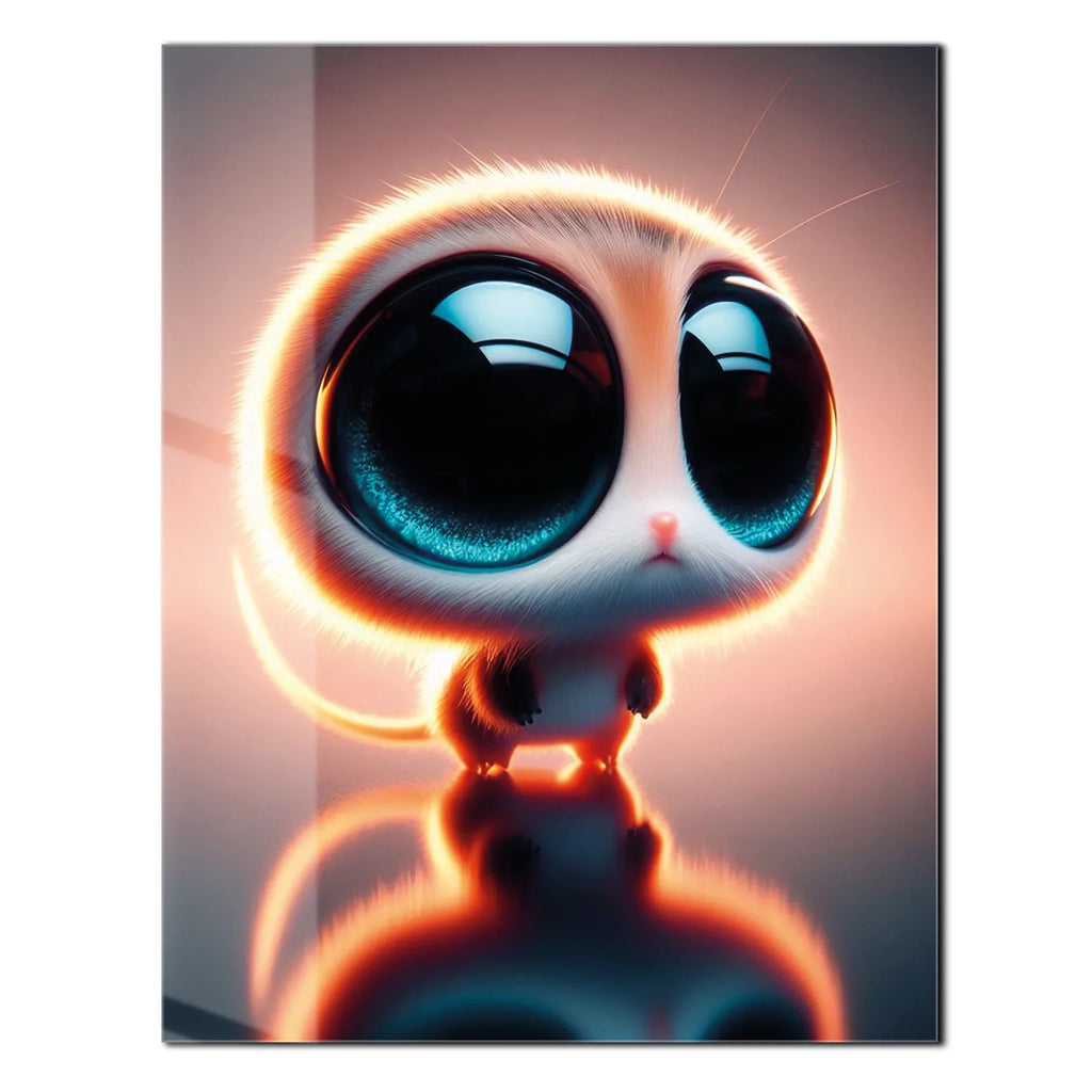 Big-Eyed Fantasy Kitten UV Glass Wall Art – Cute Neon Pet Illustration - KAFCD094 Peony Atelier