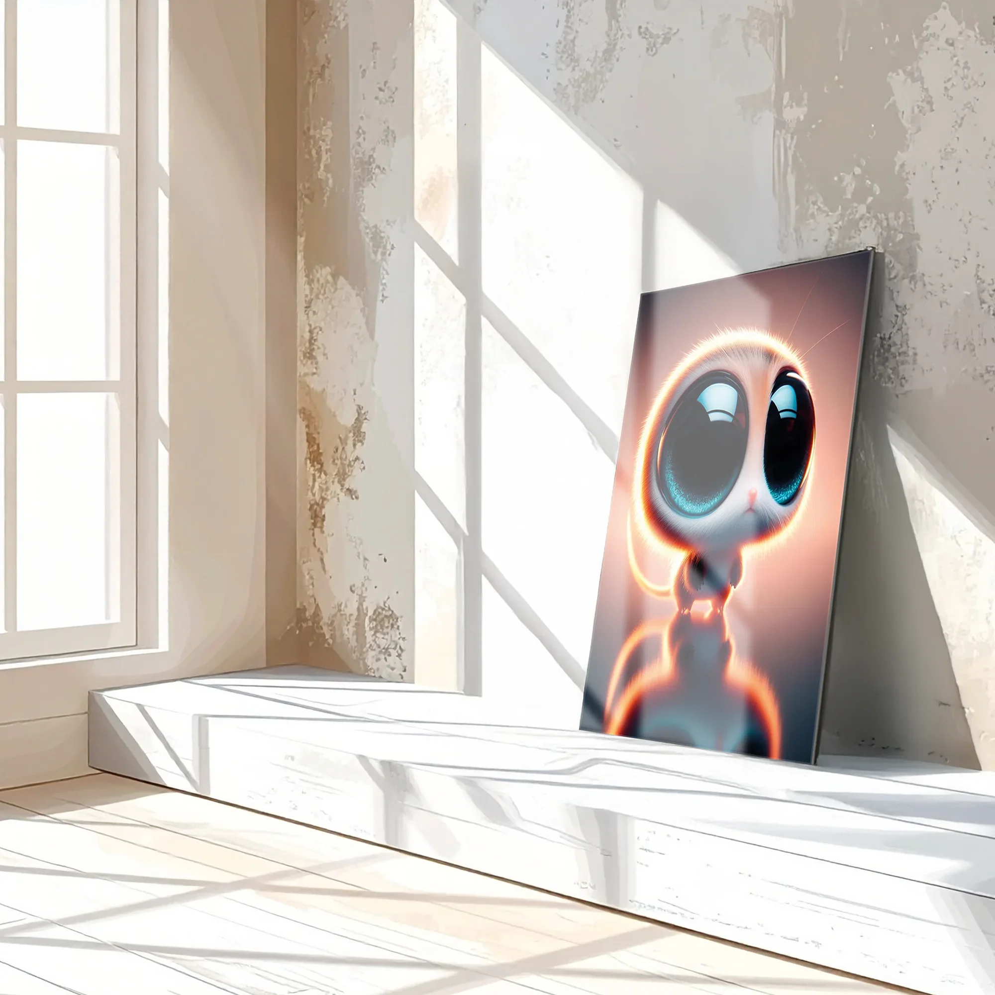 Big-Eyed Fantasy Kitten UV Glass Wall Art – Cute Neon Pet Illustration - KAFCD094 Peony Atelier