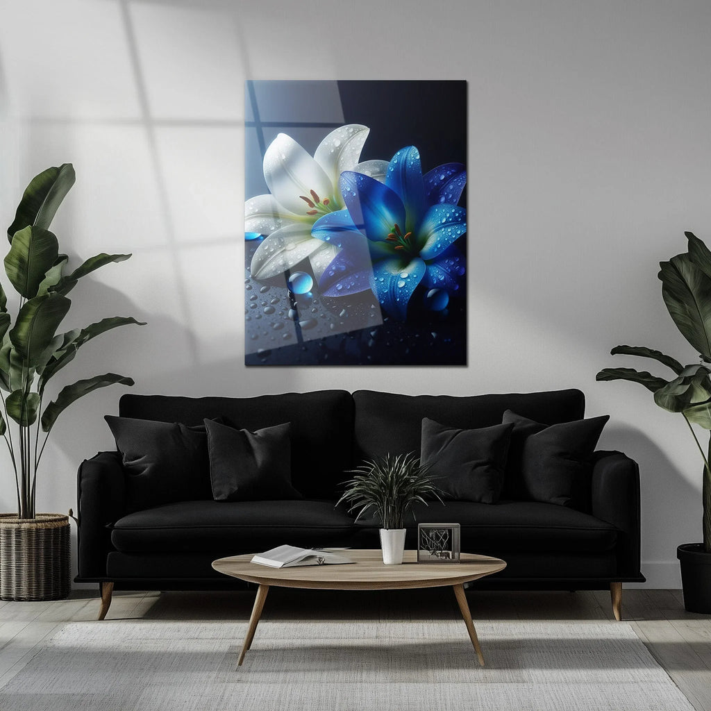 Blue and White Lilies with Dew Drops – Elegant UV Glass Floral Wall Art - KAFCD096 Peony Atelier