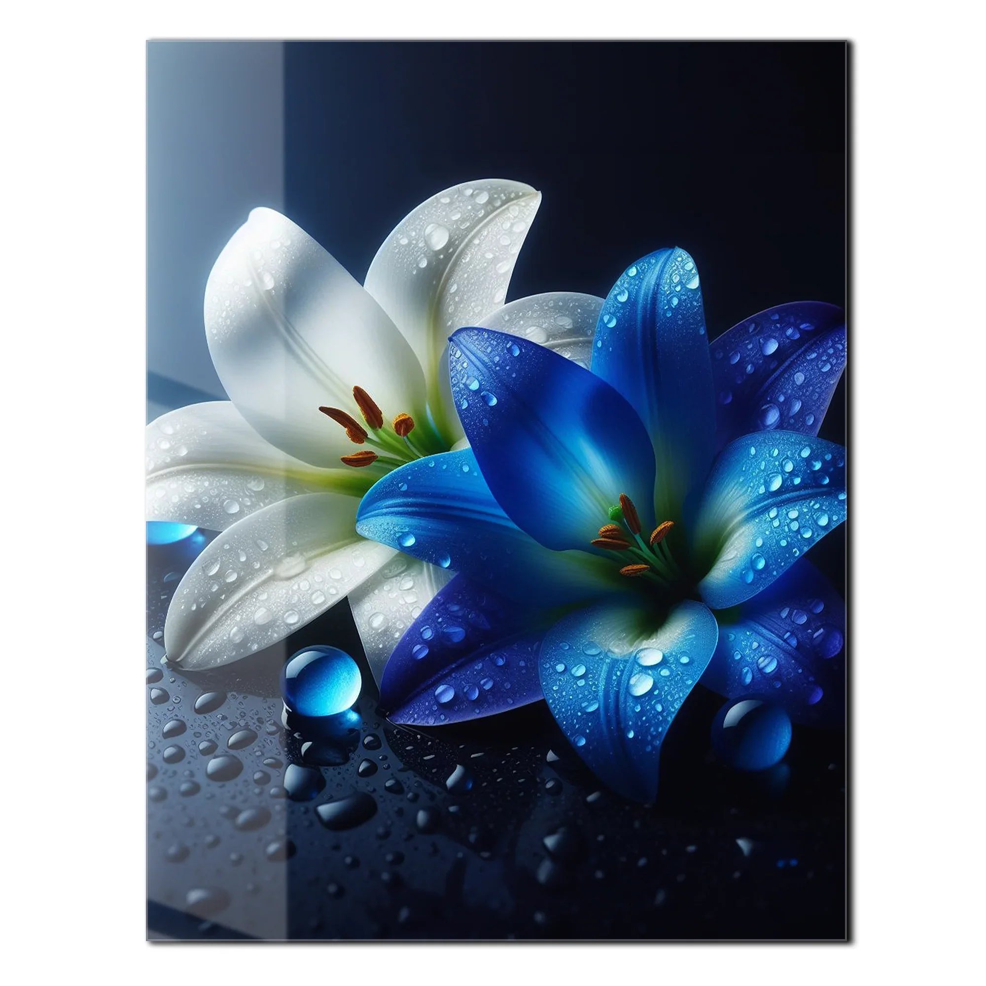 Blue and White Lilies with Dew Drops – Elegant UV Glass Floral Wall Art - KAFCD096 Peony Atelier