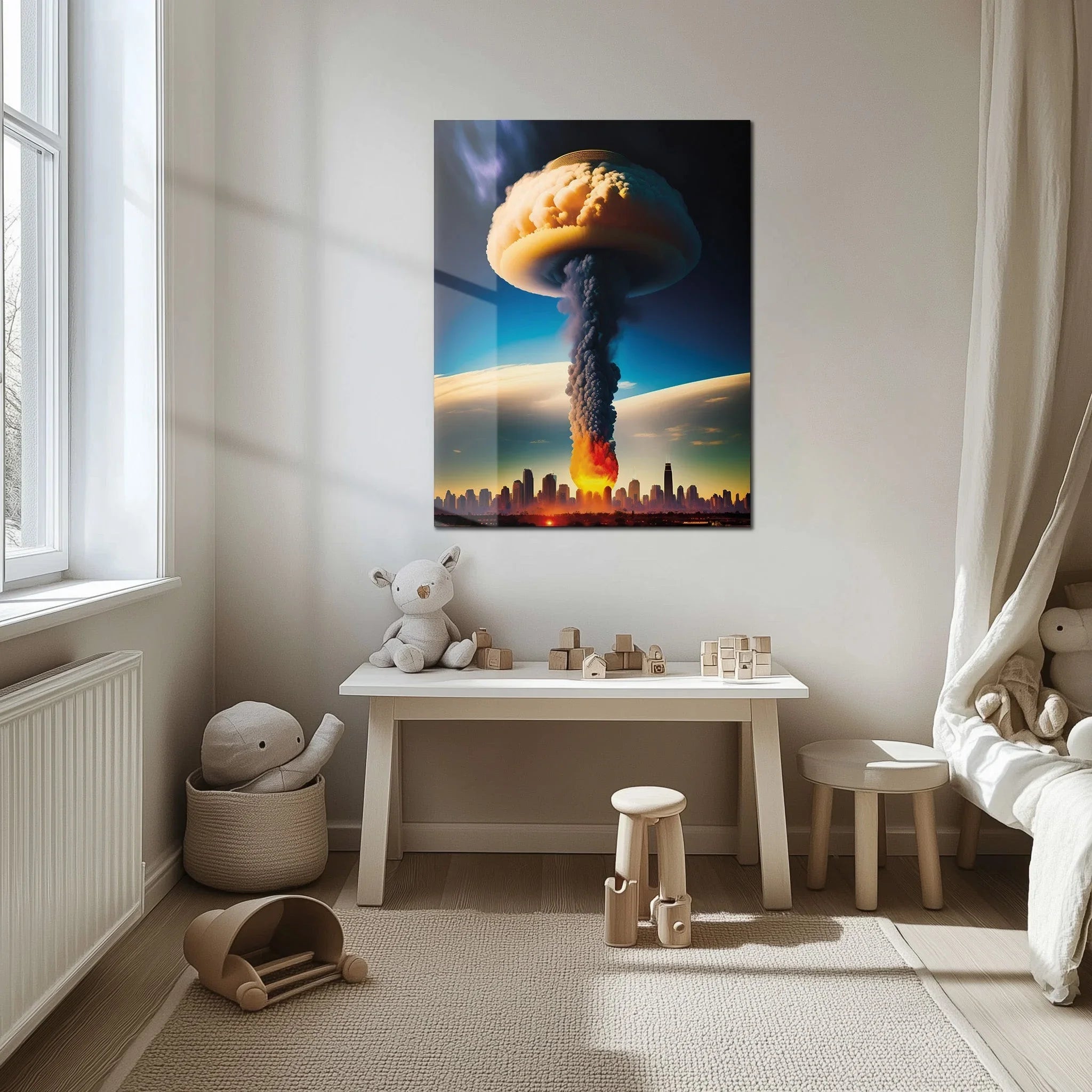 Apocalyptic Explosion – Futuristic City Blast UV Glass Wall Art- KAFCD101 Peony Atelier