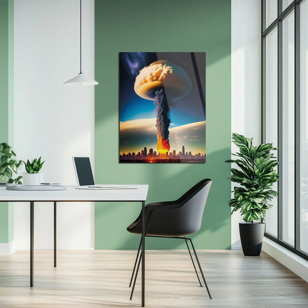 Apocalyptic Explosion – Futuristic City Blast UV Glass Wall Art- KAFCD101 Peony Atelier