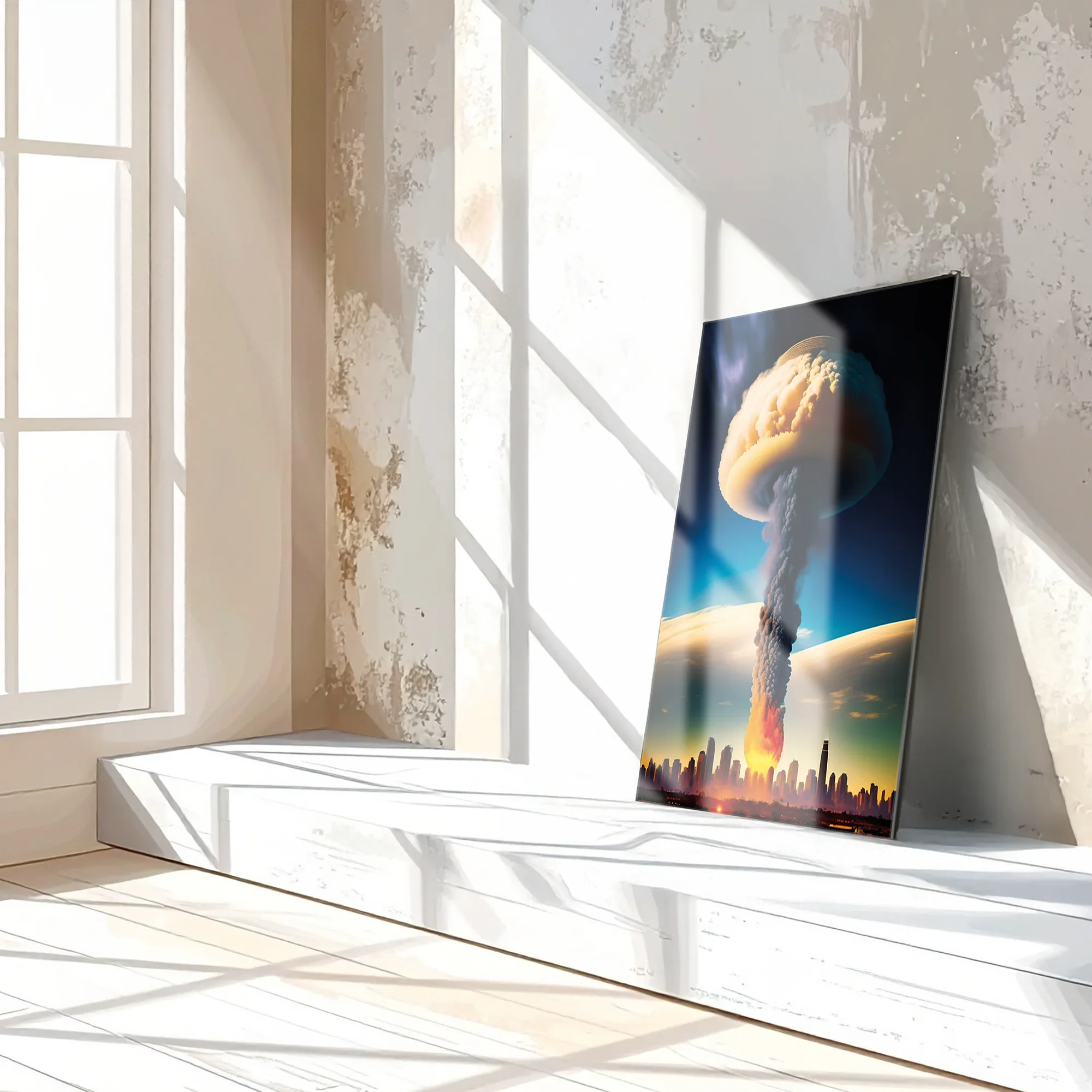 Apocalyptic Explosion – Futuristic City Blast UV Glass Wall Art- KAFCD101 Peony Atelier