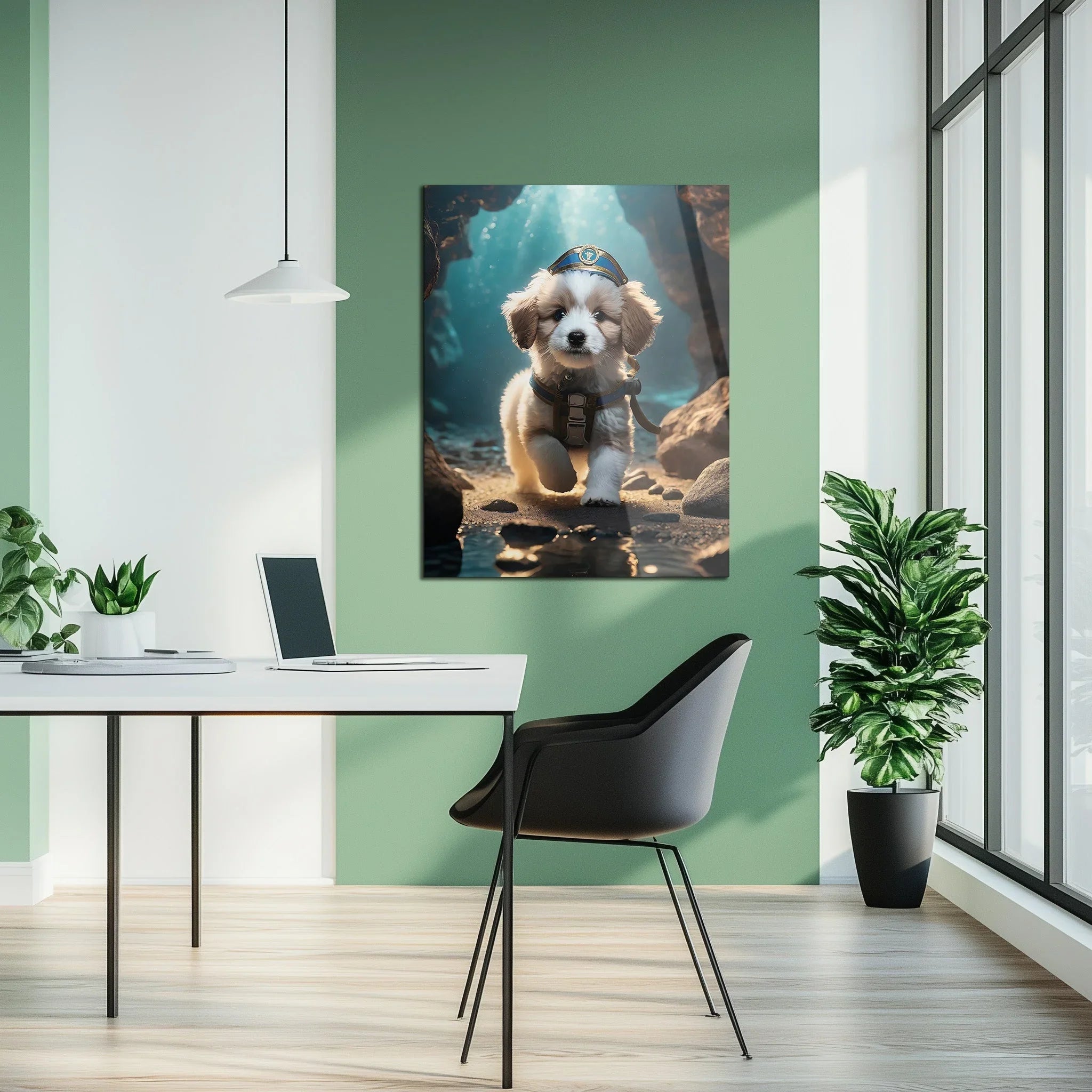 Adventure Puppy Portrait – Cute Explorer Dog UV Glass Wall Art for Pet Lovers - KAFCD110 Peony Atelier